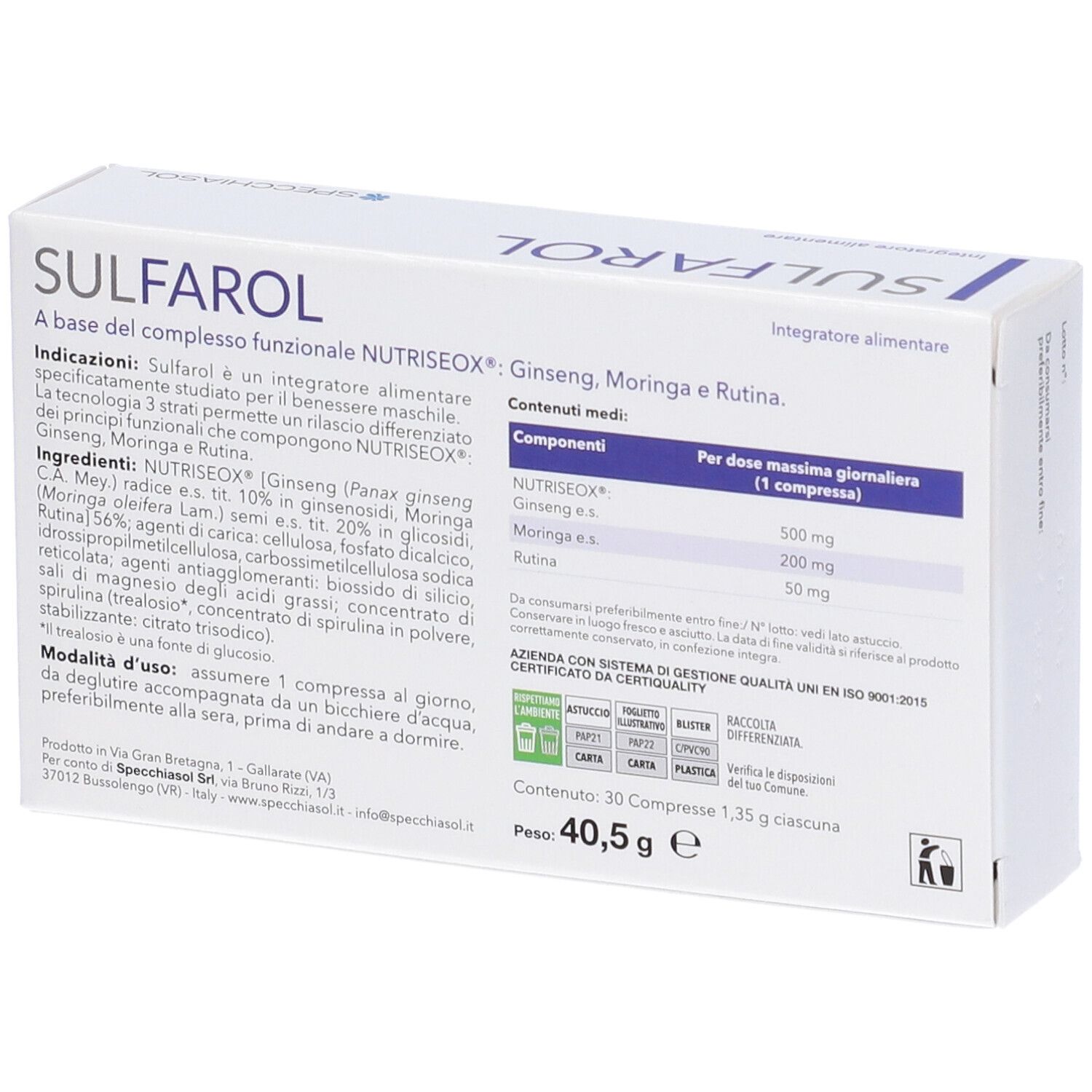 Rückseite der weißen Schachtel mit SULFAROL. Enthält Inhaltsstoffe und Anwendungshinweise. Marke Specchiasol.