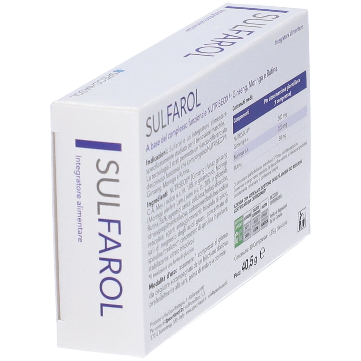 Rückseite der weißen Schachtel mit SULFAROL. Enthält Inhaltsstoffe und Anwendungshinweise. Winkelansicht.