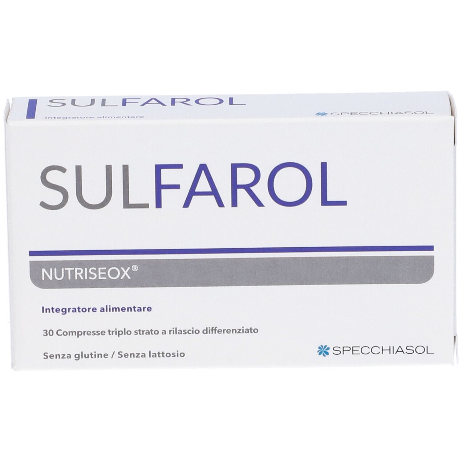Weiße Schachtel mit blauer Schrift SULFAROL und NUTRISEOX®. Enthält 30 Tabletten. Marke Specchiasol.