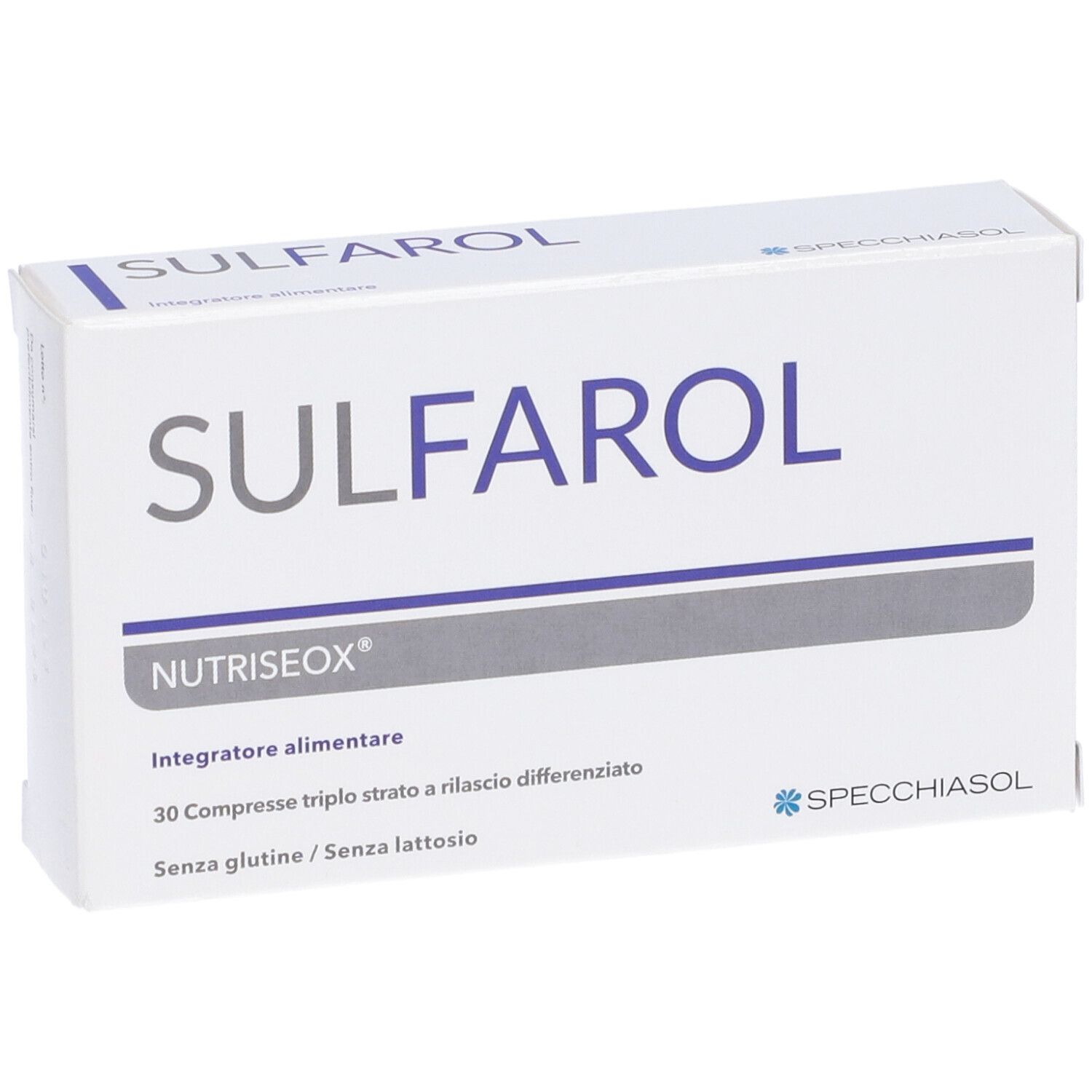 Weiße Schachtel mit blauer Schrift SULFAROL und NUTRISEOX®. Enthält 30 Tabletten. Marke Specchiasol.