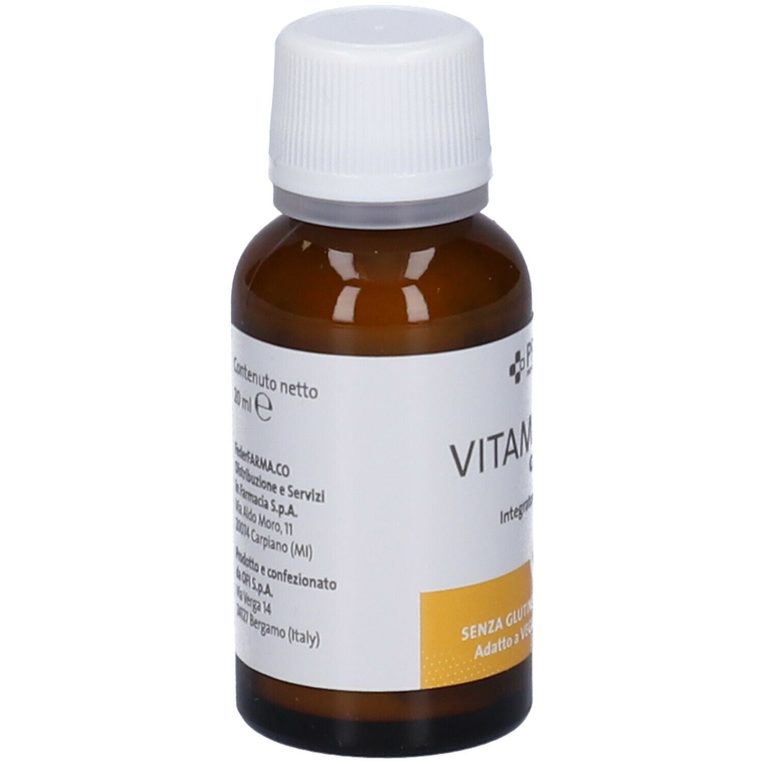 Flacone di vetro marrone con tappo bianco. Etichetta con PROFAR, VITAMINA D3, gocce. Senza glutine, senza lattosio, per vegani.