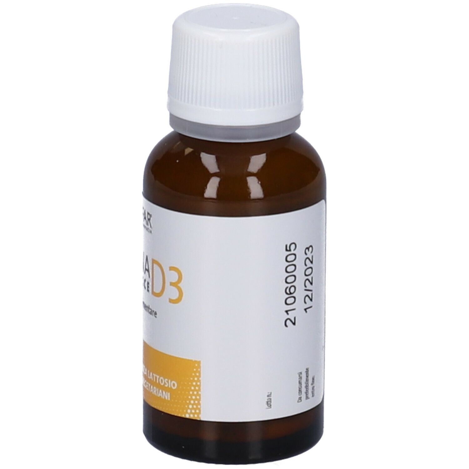 Flacone di vetro marrone con tappo bianco. Etichetta con PROFAR, VITAMINA D3, gocce. Scadenza 12/2023.