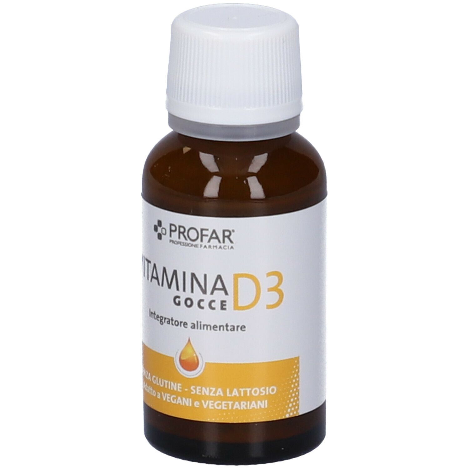 Flacone di vetro marrone con tappo bianco. Etichetta con PROFAR, VITAMINA D3, gocce. Senza glutine, senza lattosio, per vegani.