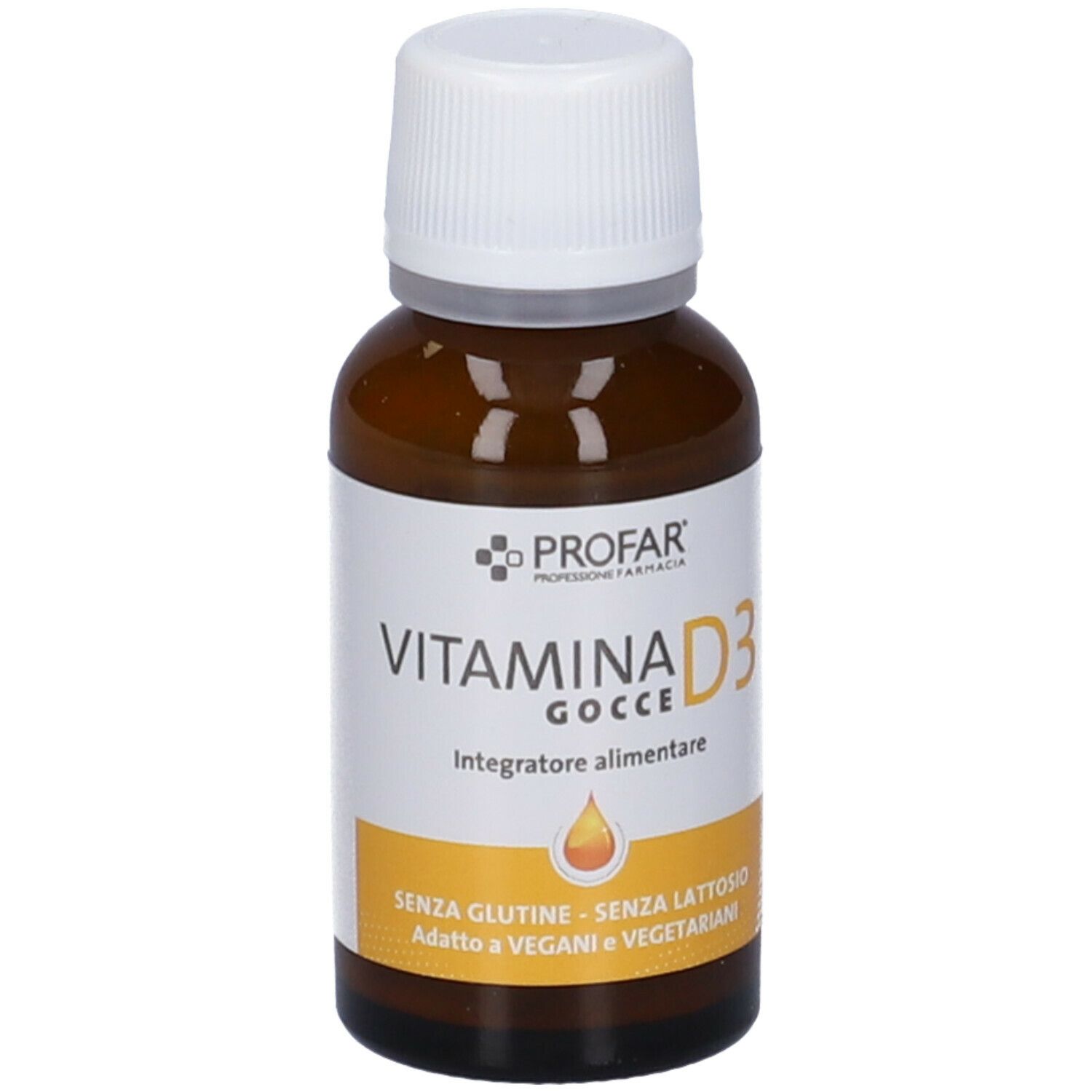 Flacone di vetro marrone con tappo bianco. Etichetta con PROFAR, VITAMINA D3, gocce. Senza glutine, senza lattosio, per vegani.