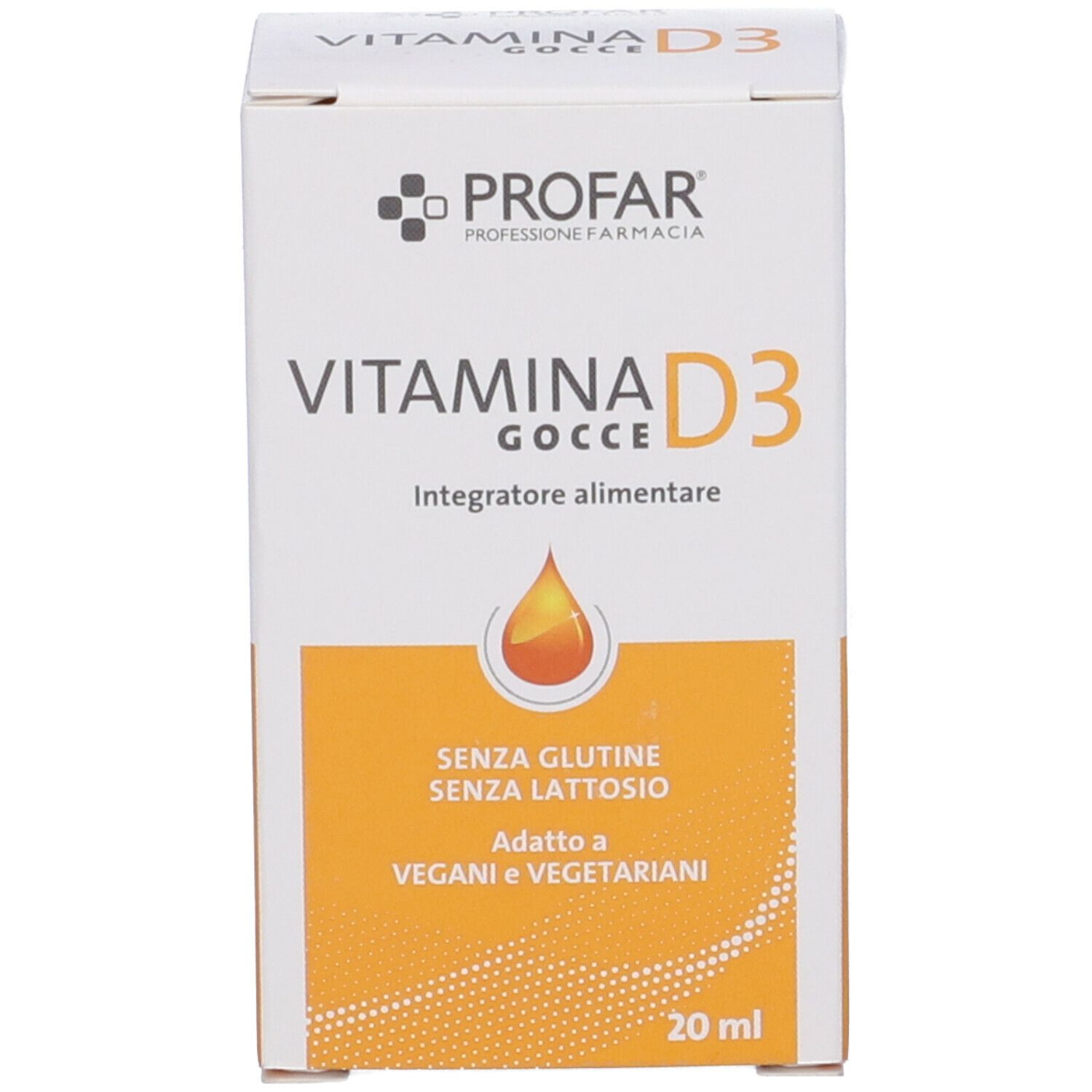 Confezione del prodotto. Scatola con PROFAR, VITAMINA D3, gocce. Senza glutine, senza lattosio, per vegani. 20 ml.