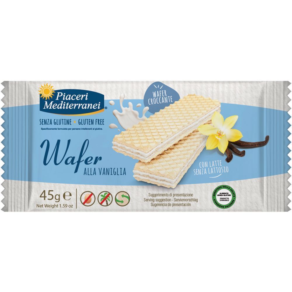Confezione di wafer. Scritta: Wafer alla Vaniglia, senza glutine, 45g. Immagine di wafer, fiore e baccello di vaniglia.