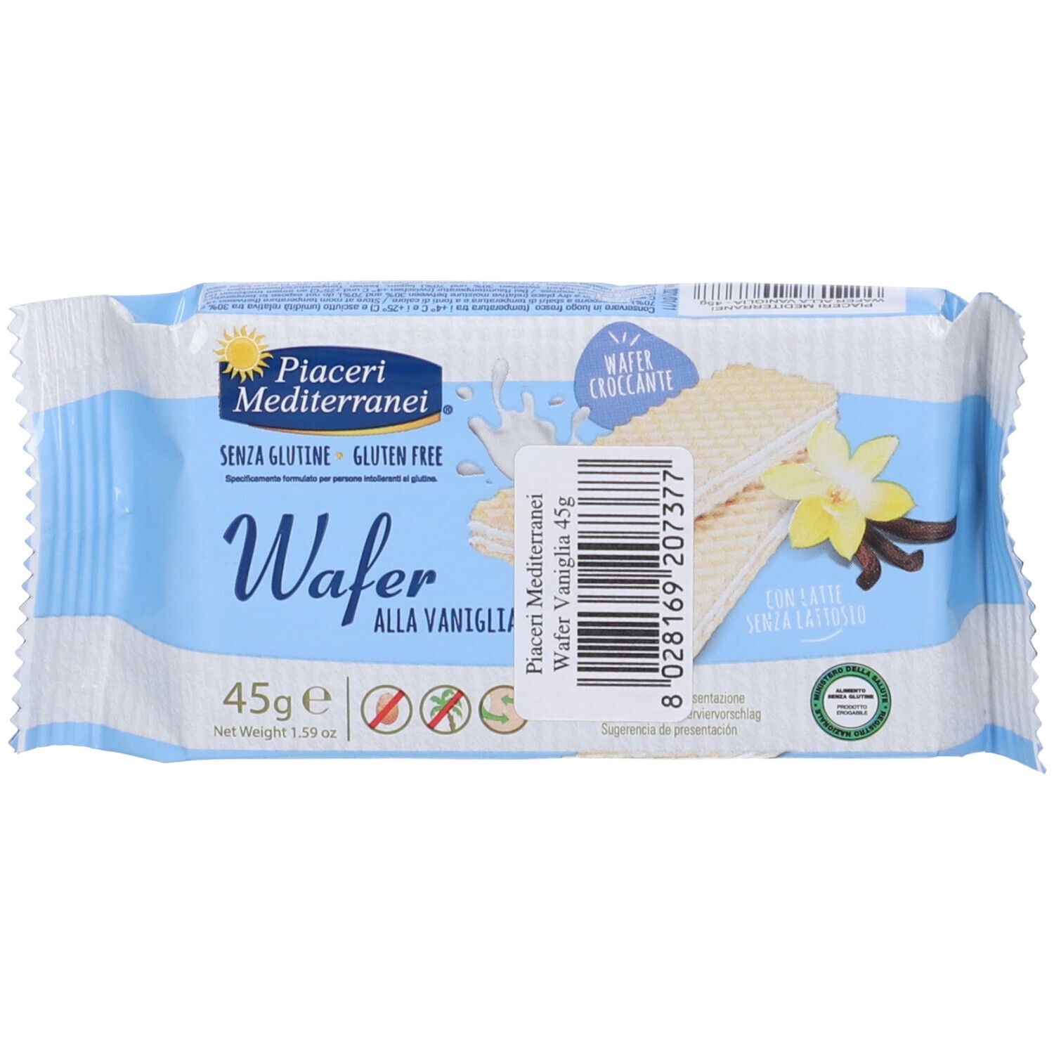 Confezione di wafer. Scritta: Wafer alla Vaniglia, senza glutine, 45g. Codice a barre e immagine di wafer, fiore e baccello di vaniglia.