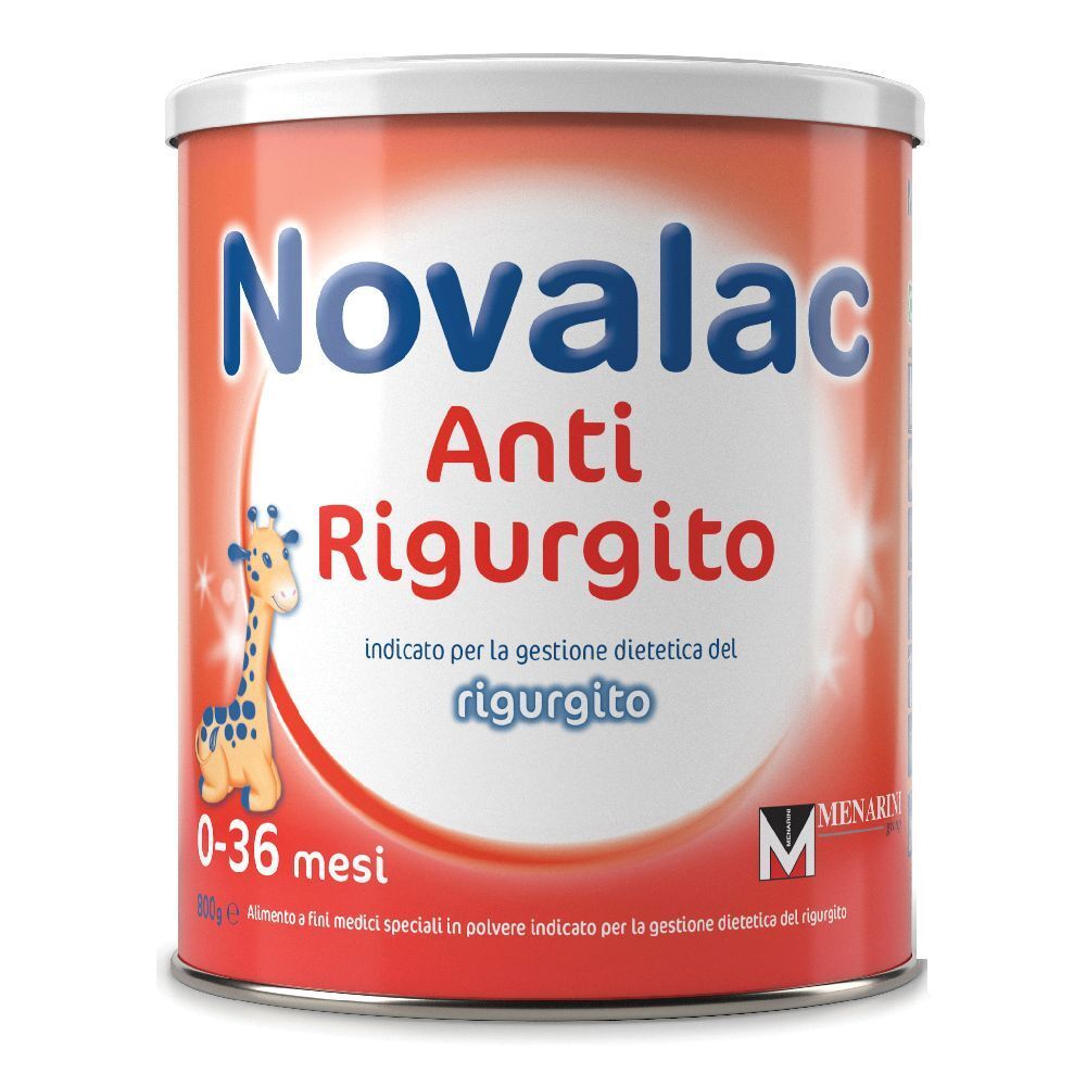 Barattolo rotondo con etichetta rossa. Scritta Novalac Anti Rigurgito, giraffa, 0-36 mesi. Coperchio bianco.