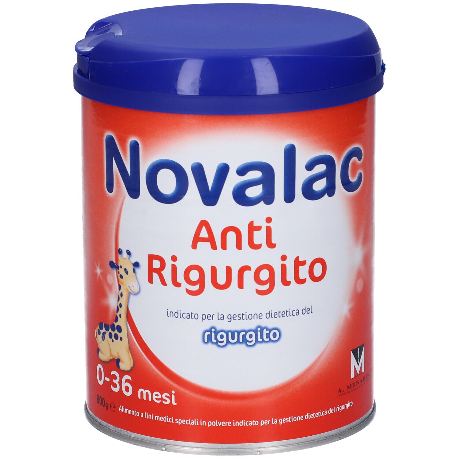 Barattolo rotondo con etichetta rossa. Scritta Novalac Anti Rigurgito, giraffa, 0-36 mesi. Coperchio blu.