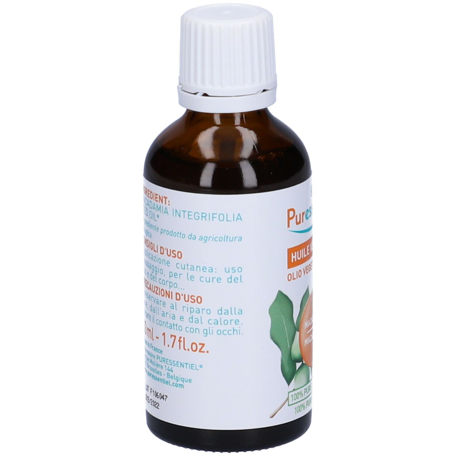 Flacone di vetro marrone con tappo bianco. Retro con testo, ingredienti e consigli d'uso. Marchio bio.