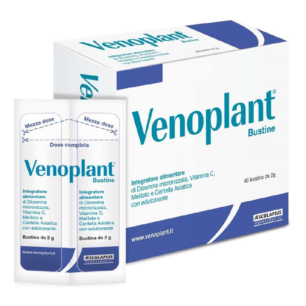 Confezione Venoplant Bustine e due bustine. Ingredienti visibili. Scritta: Integratore alimentare. Marchio: Asculapius.
