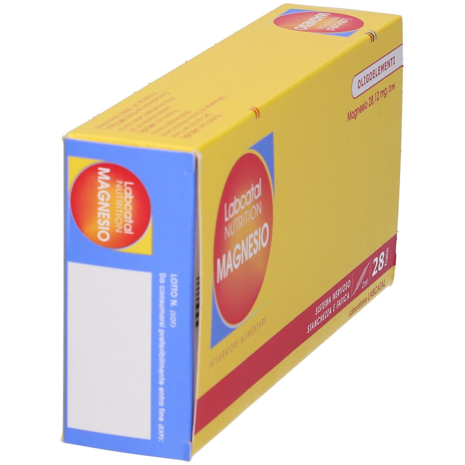 Scatola gialla con scritte rosse e blu. MAGNESIO, Labcatal Nutrition.