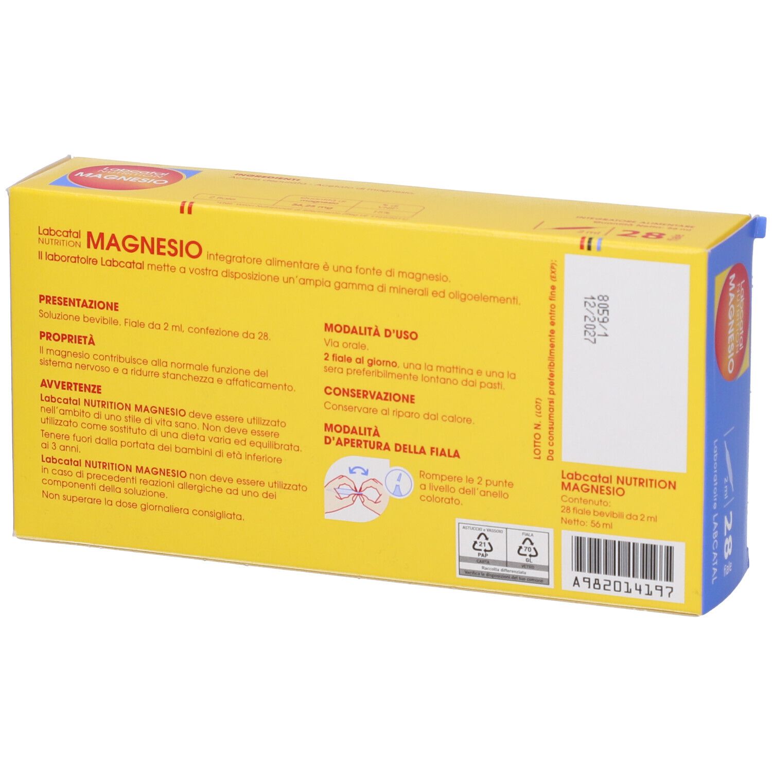 Retro di una scatola gialla con testo. MAGNESIO, 28 fiale, Labcatal Nutrition.