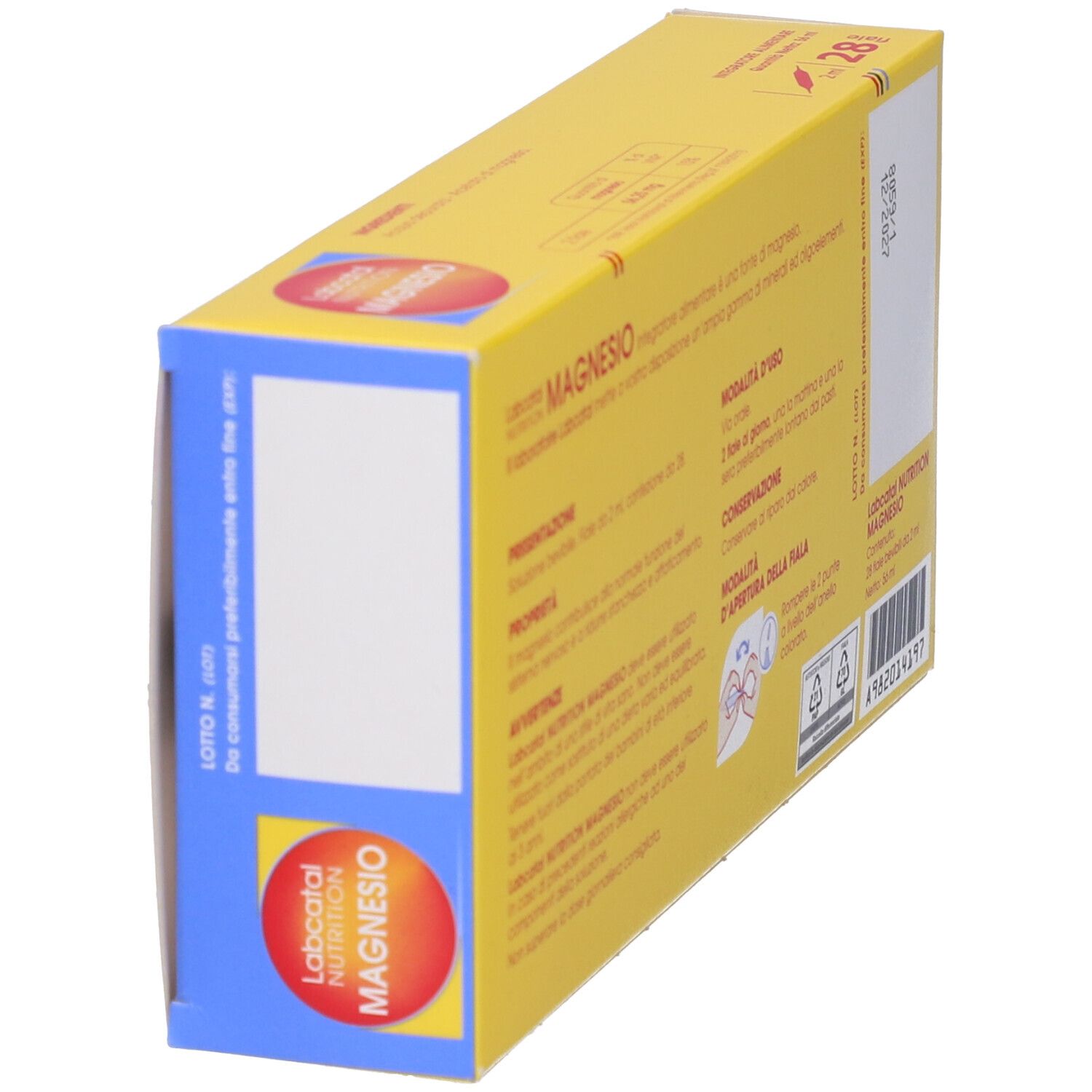 Scatola con testo. MAGNESIO, Labcatal Nutrition. Giallo, rosso e blu.