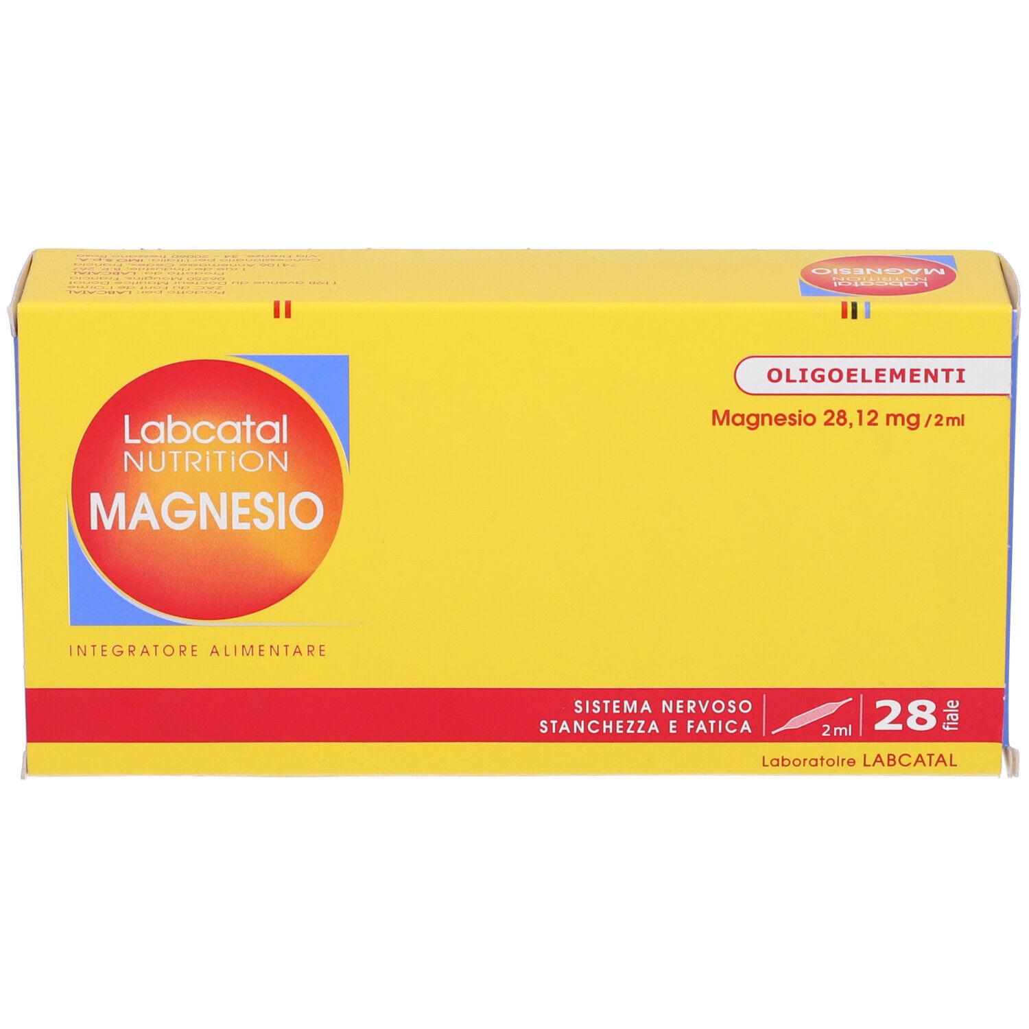 Scatola gialla con scritte rosse e blu. MAGNESIO, 28 fiale, Labcatal Nutrition.