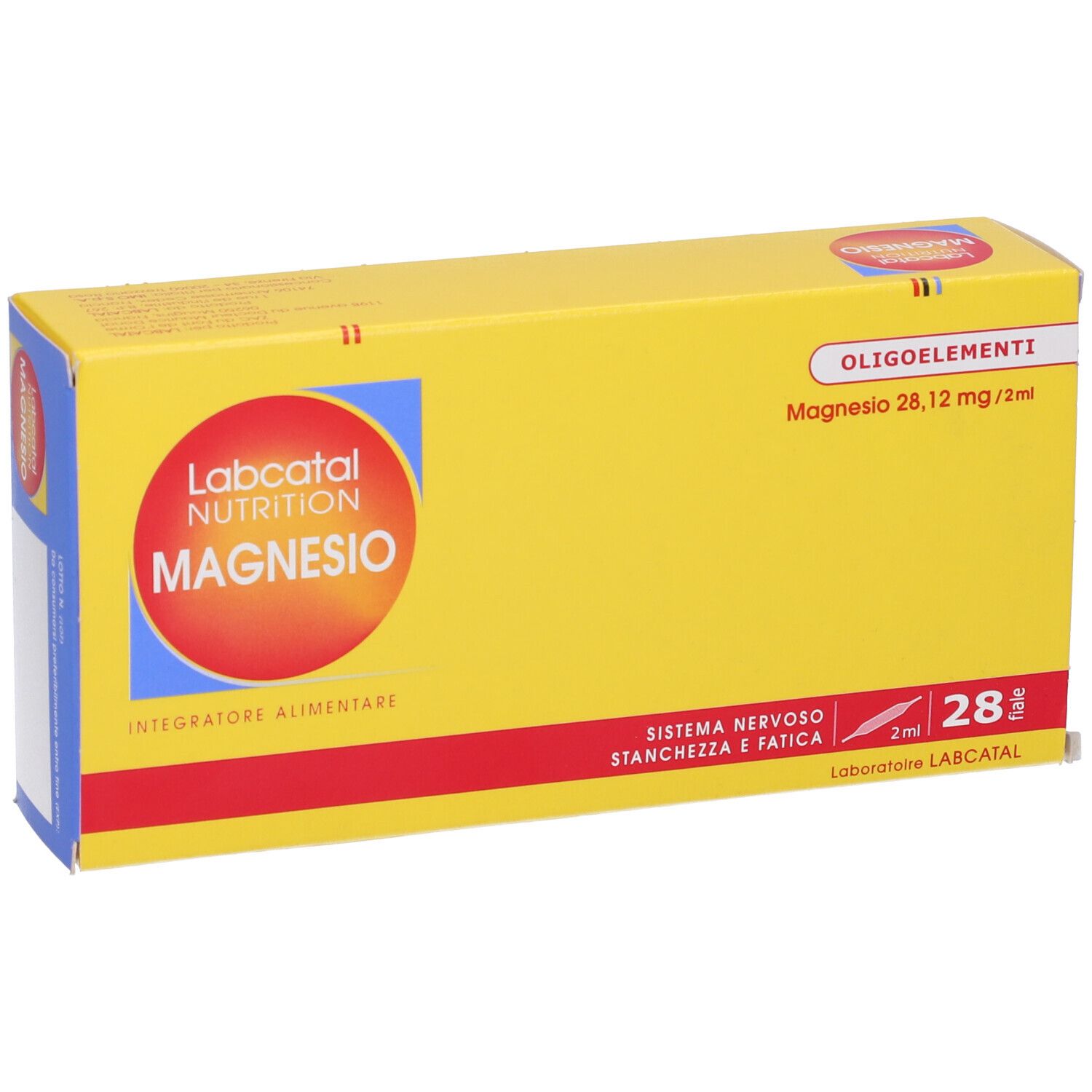 Scatola gialla con scritte rosse e blu. MAGNESIO, 28 fiale, Labcatal Nutrition.