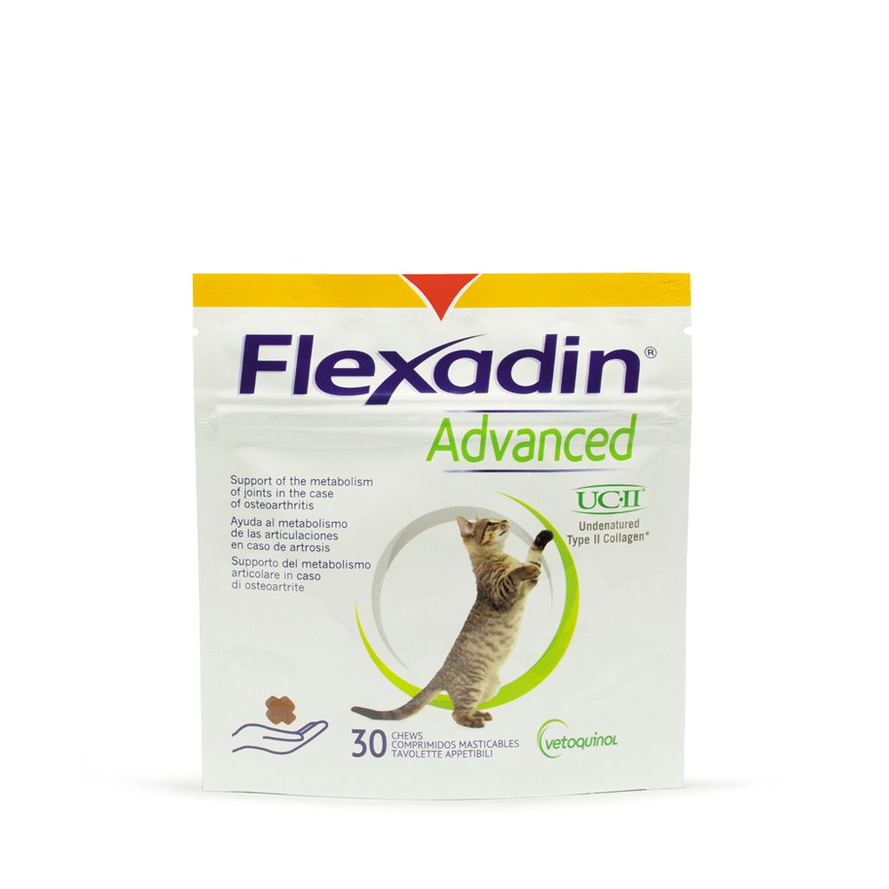 Busta Flexadin Advanced. Immagine: gatto, 30 compresse masticabili, UC-II, Vetoquinol.