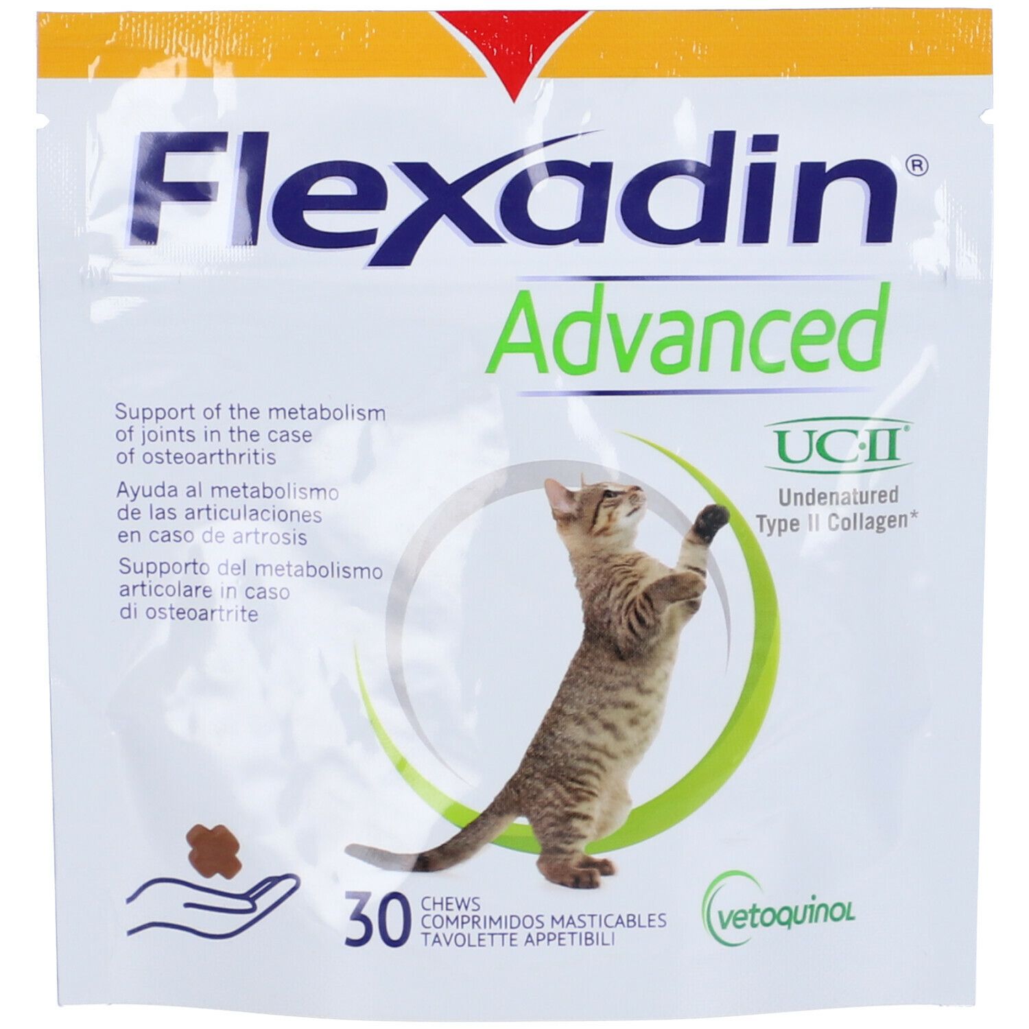 Busta Flexadin Advanced. Immagine: gatto, 30 compresse masticabili, UC-II, Vetoquinol.