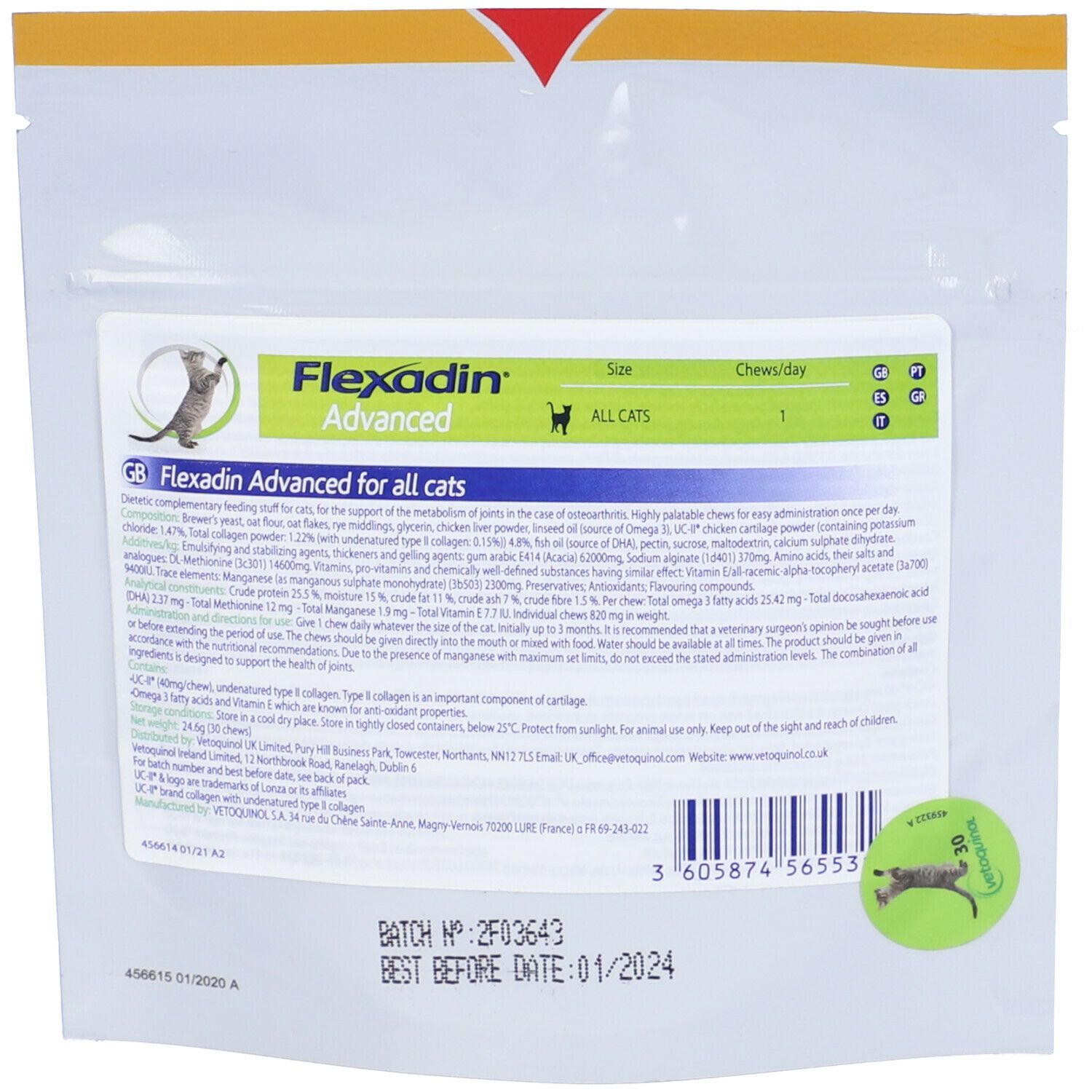 Retro della busta Flexadin Advanced. Testo: ingredienti, dosaggio, scadenza, Vetoquinol.