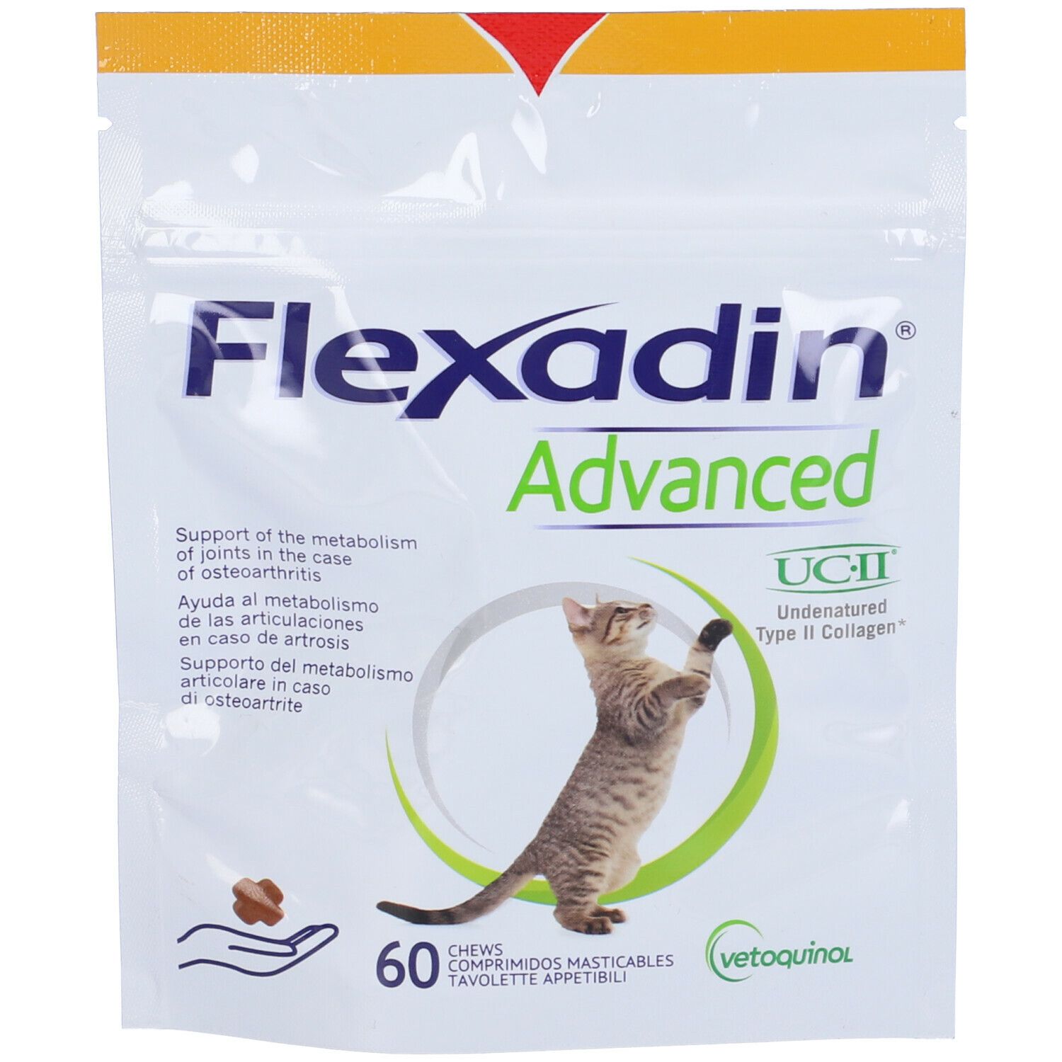 Busta di FLEXADIN Advanced. Scritta e illustrazione di gatto. Contiene 60 compresse masticabili.