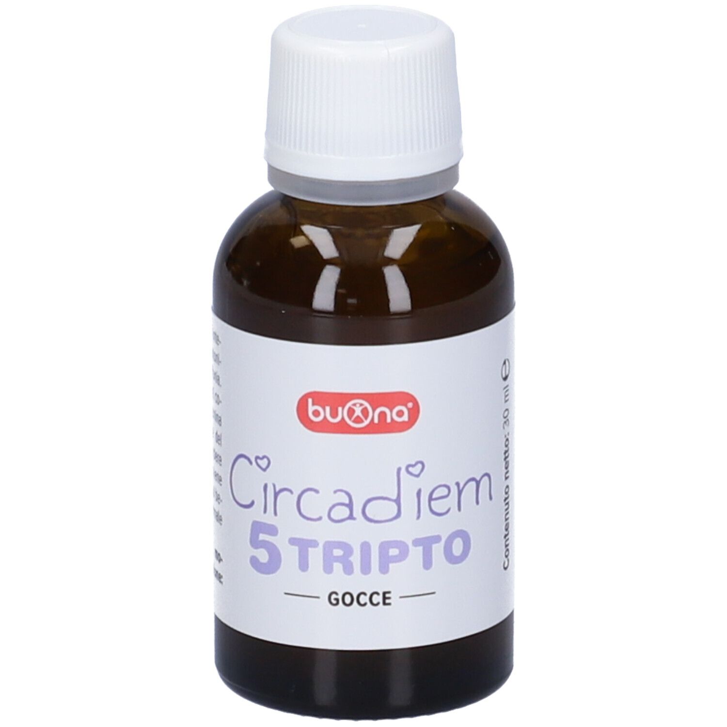 Flacone di vetro marrone con tappo bianco. Scritta: Circadiem 5 Tripto, Gocce.