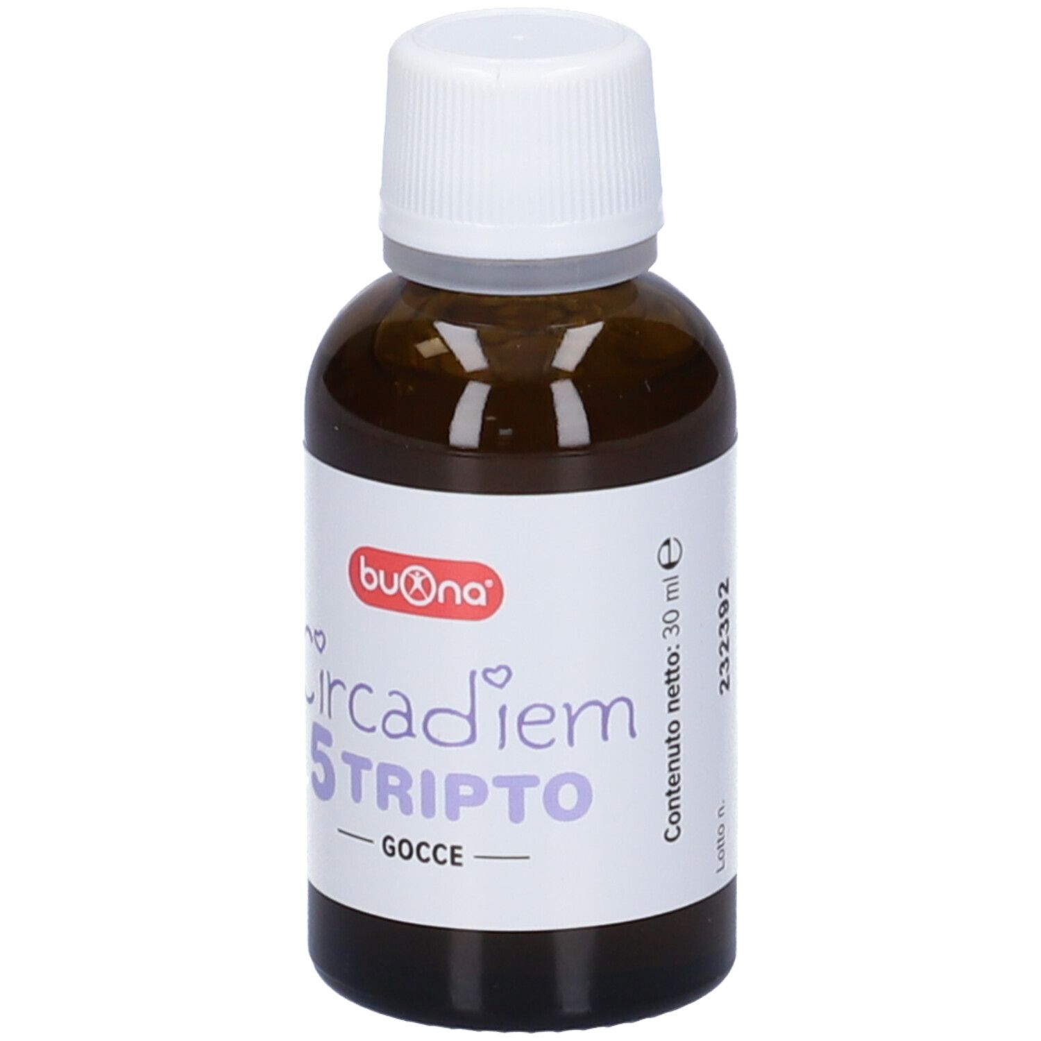 Flacone di vetro marrone con tappo bianco. Scritta e testo in italiano.