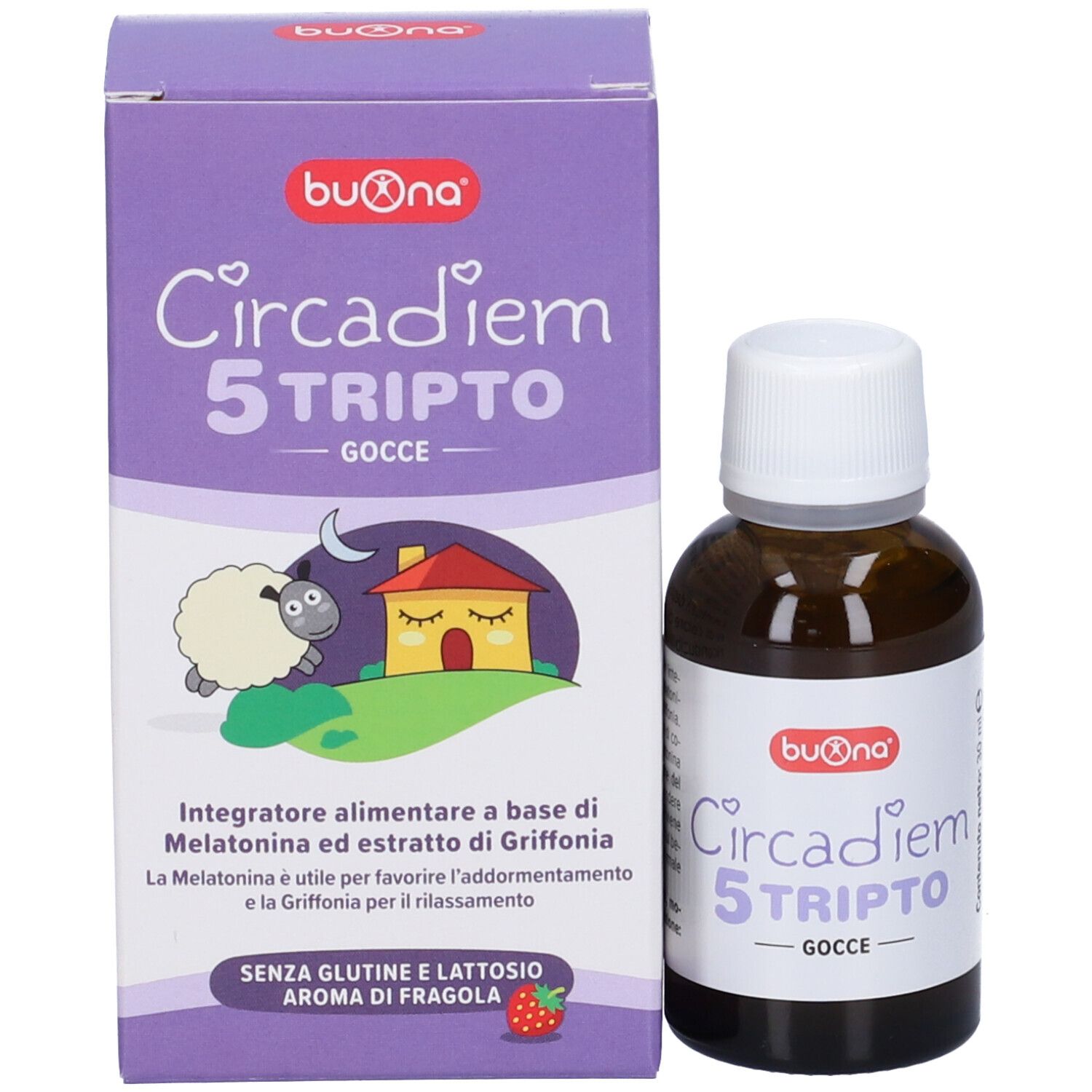 Flacone di vetro marrone con tappo bianco e contagocce. Scatola viola con nome del prodotto e illustrazione.