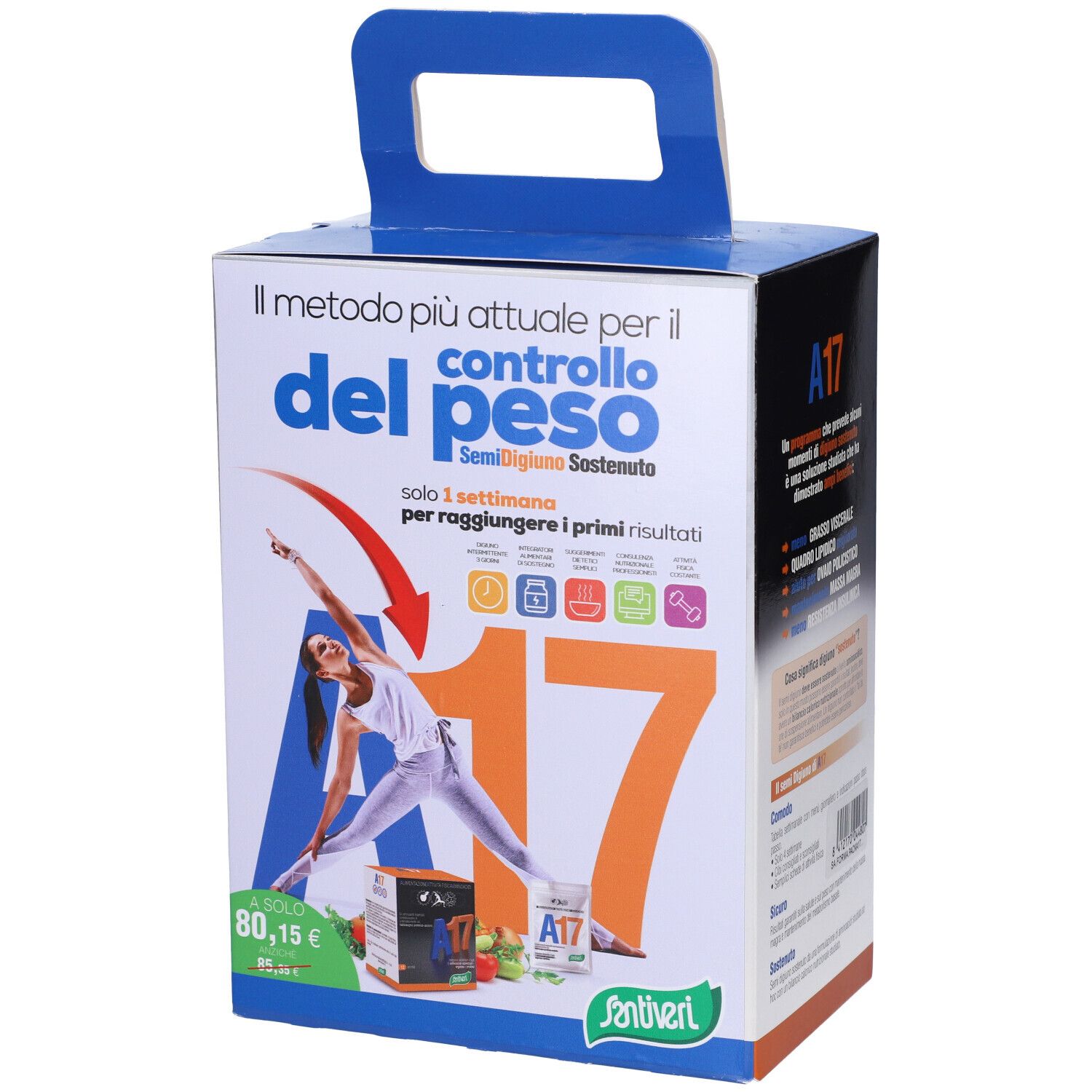 Confezione con manico. Scritta A17, donna che fa yoga, testo. Marchio Santiveri.