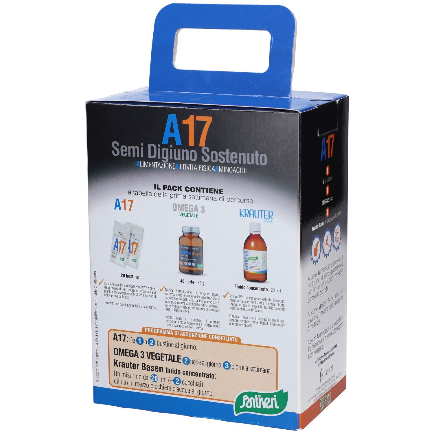 Confezione con immagini di prodotti. Scritta A17, Omega 3, Krauter Basen. Marchio Santiveri.