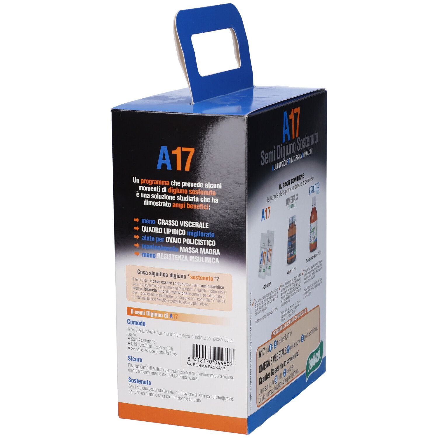 Confezione con testo e immagini di prodotti. Scritta A17, testo. Marchio Santiveri.