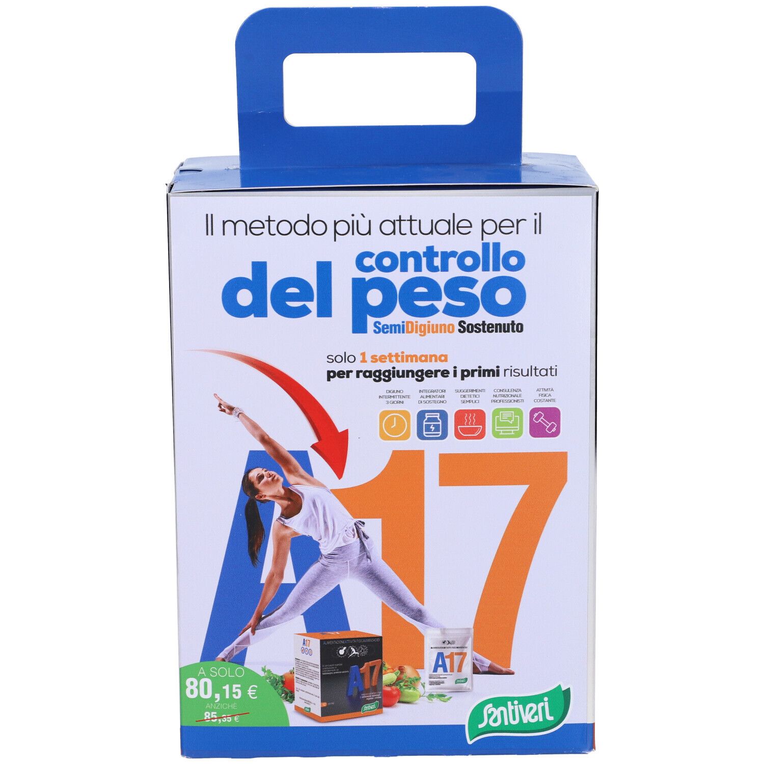 Confezione con manico. Scritta A17, donna che fa yoga, testo. Marchio Santiveri.