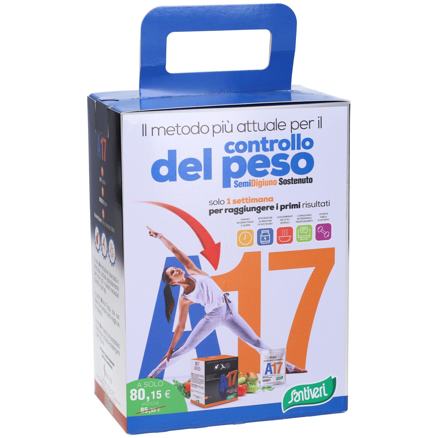 Confezione con manico. Scritta A17, donna che fa yoga, testo. Marchio Santiveri.