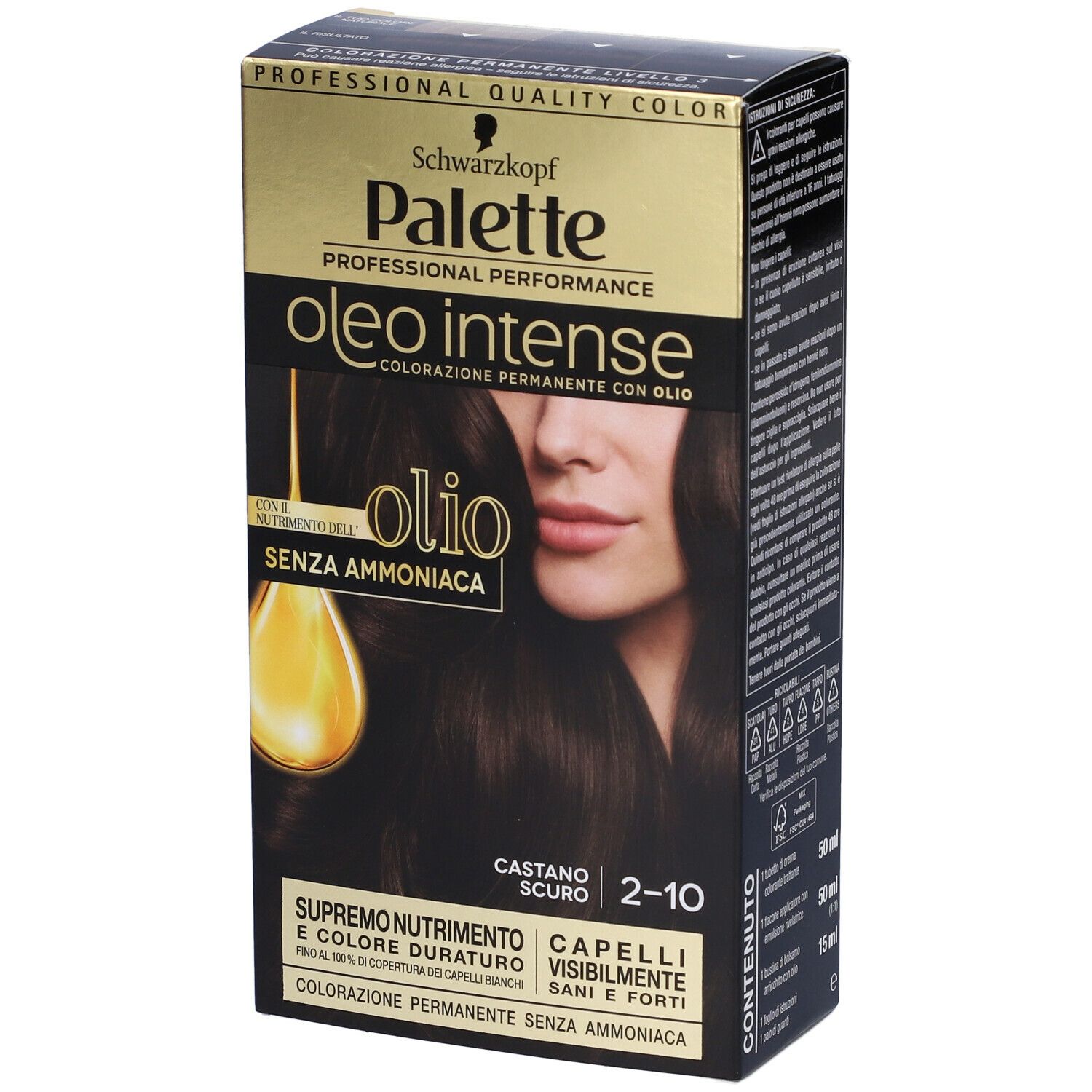 Confezione tinta capelli Schwarzkopf Palette Oleo Intense 2-10 Castano Scuro. Vista angolata.