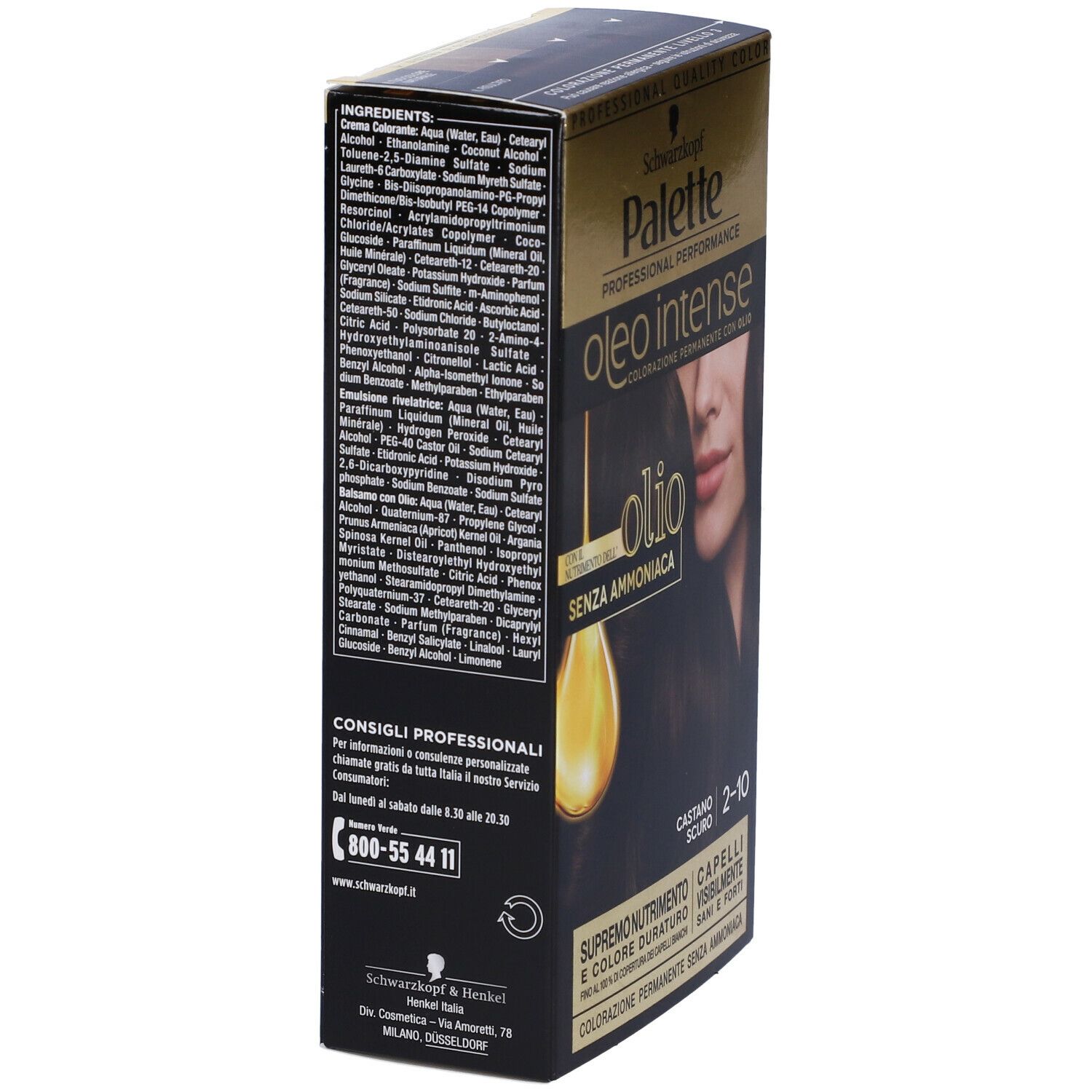 Confezione tinta capelli Schwarzkopf Palette Oleo Intense 2-10 Castano Scuro. Retro con ingredienti.