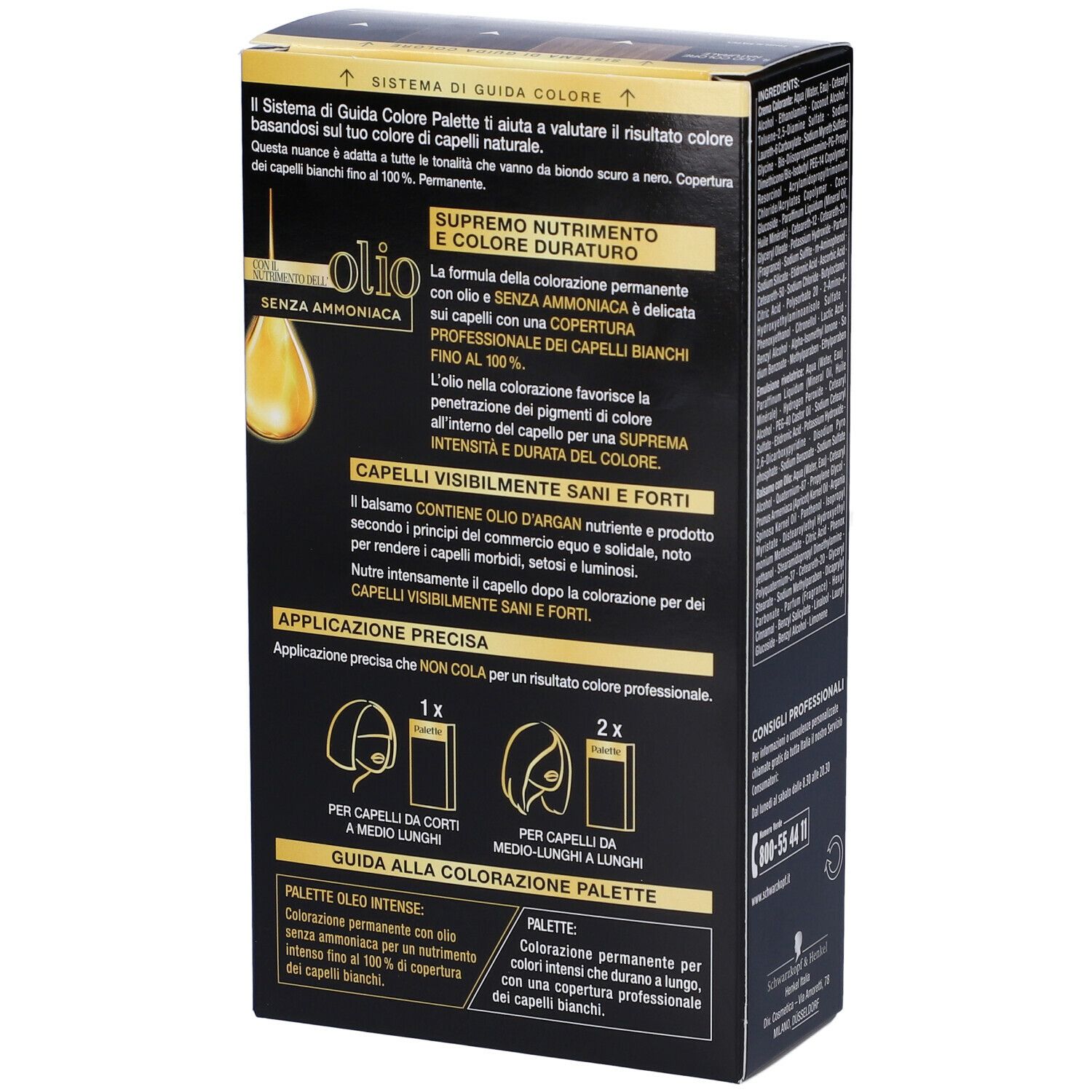 Confezione tinta capelli Schwarzkopf Palette Oleo Intense 2-10 Castano Scuro. Retro con istruzioni.