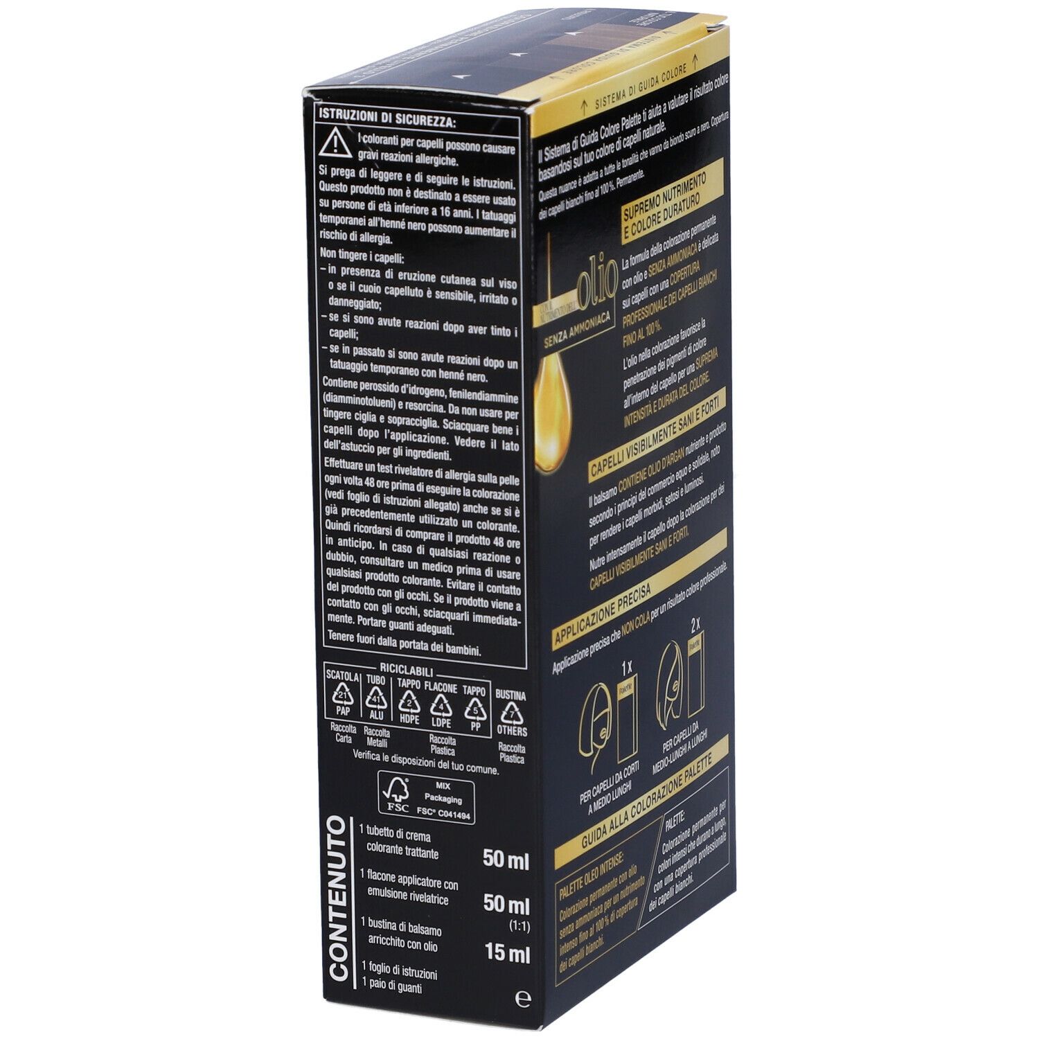 Confezione tinta capelli Schwarzkopf Palette Oleo Intense 2-10 Castano Scuro. Lato con informazioni.