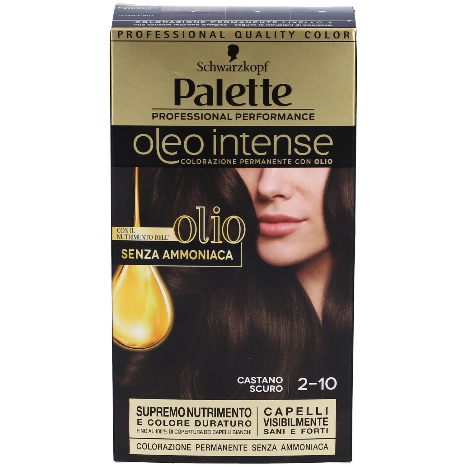 Confezione tinta capelli Schwarzkopf Palette Oleo Intense 2-10 Castano Scuro. Vista frontale.