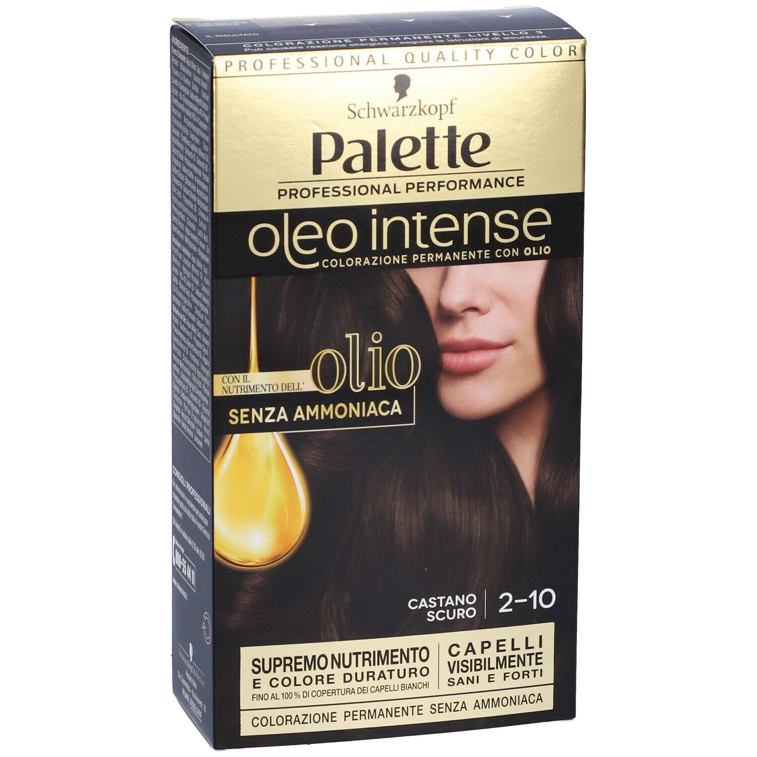 Confezione tinta capelli Schwarzkopf Palette Oleo Intense 2-10 Castano Scuro. Vista frontale.