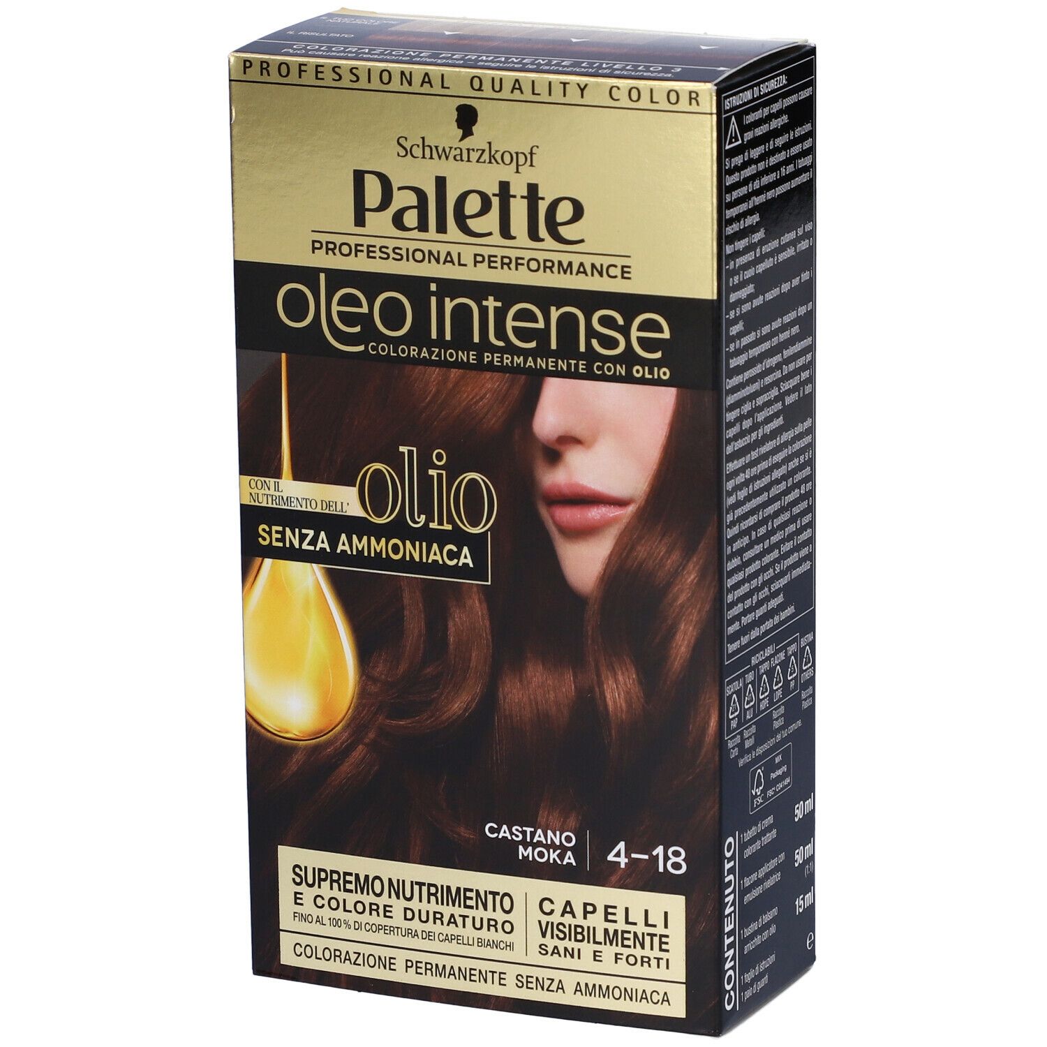 Schwarzkopf Palette Oleo Intense. Tinta 4-18 Castano Moka. Confezione. Con olio. Senza ammoniaca. Qualità professionale.