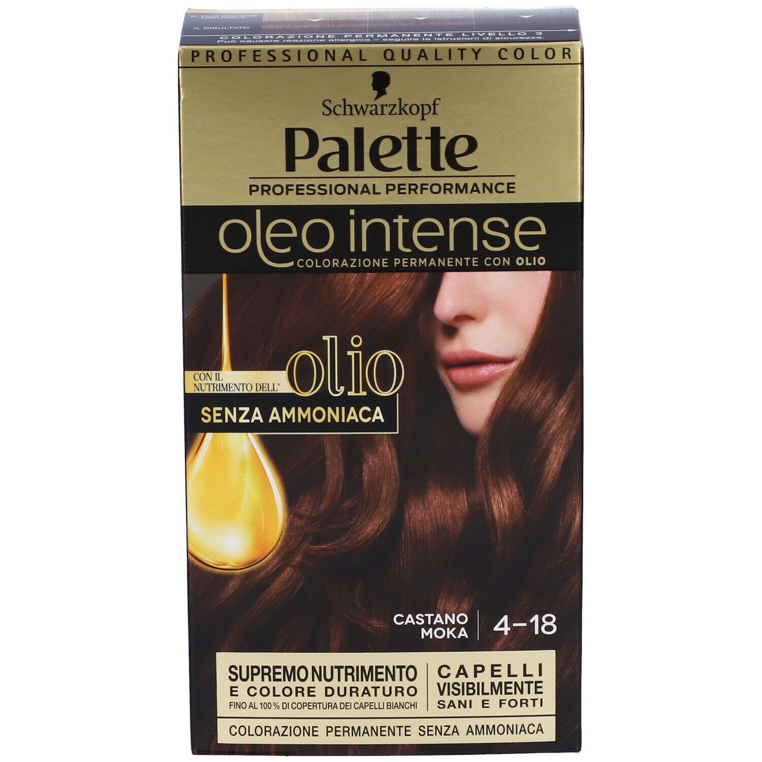Schwarzkopf Palette Oleo Intense. Tinta 4-18 Castano Moka. Con olio. Senza ammoniaca. Qualità professionale.