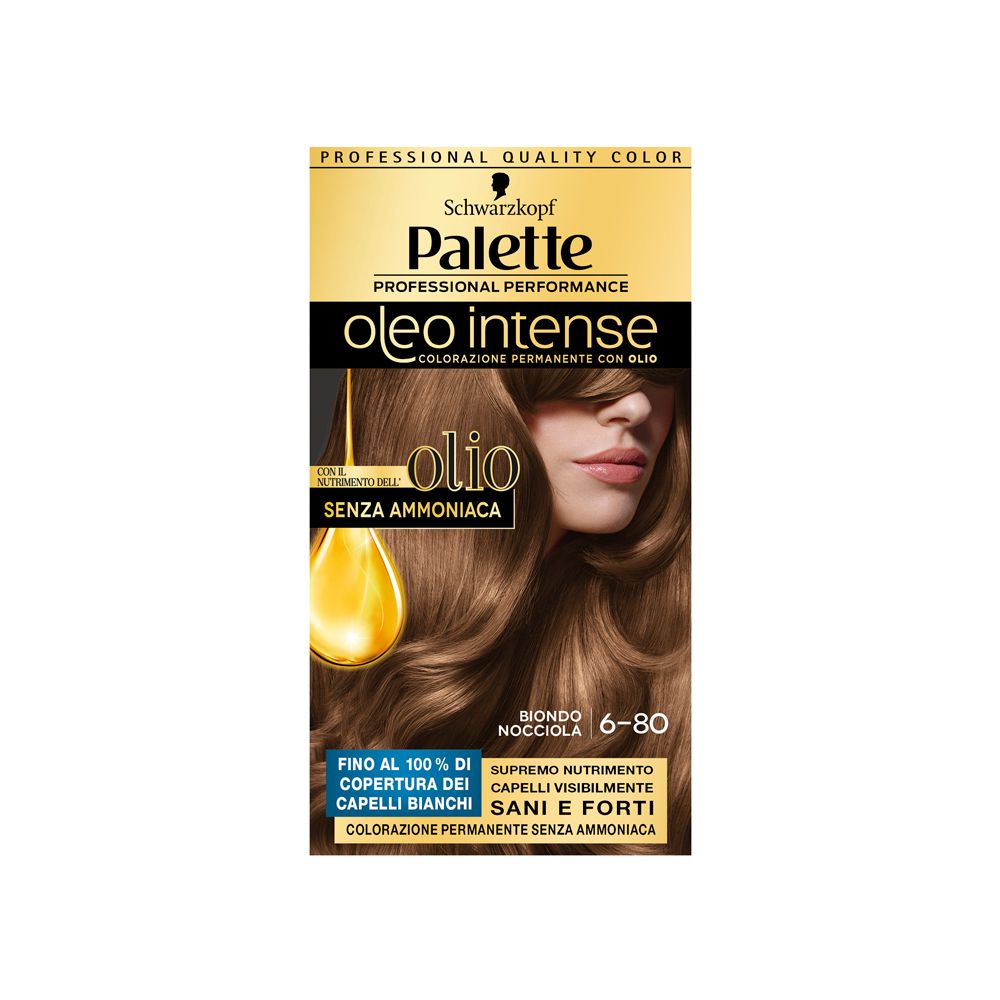 Confezione tinta per capelli Schwarzkopf Palette Oleo Intense 6-80 Biondo Nocciola. Con olio, senza ammoniaca. Copertura capelli bianchi.