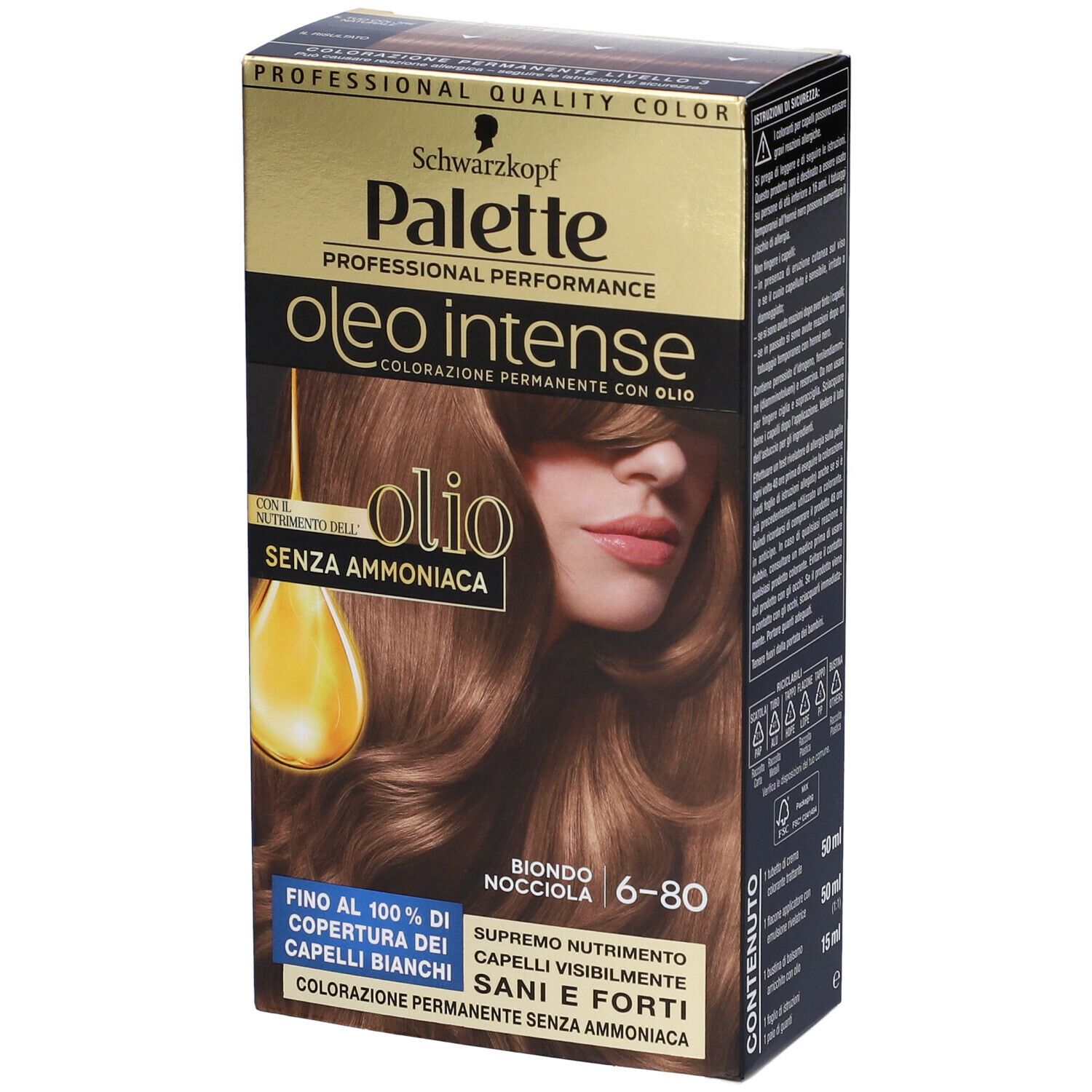 Confezione tinta per capelli Schwarzkopf Palette Oleo Intense 6-80 Biondo Nocciola. Con olio, senza ammoniaca. Copertura. Imballaggio.