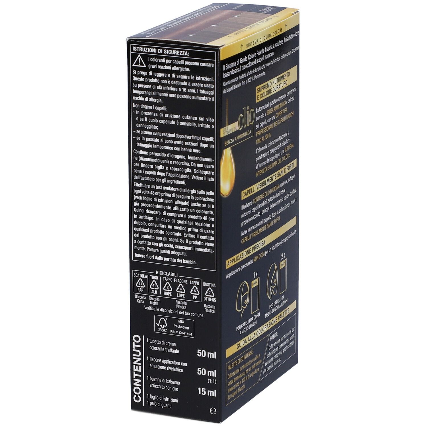 Retro confezione tinta per capelli Schwarzkopf Palette Oleo Intense. Precauzioni, ingredienti, informazioni riciclo.