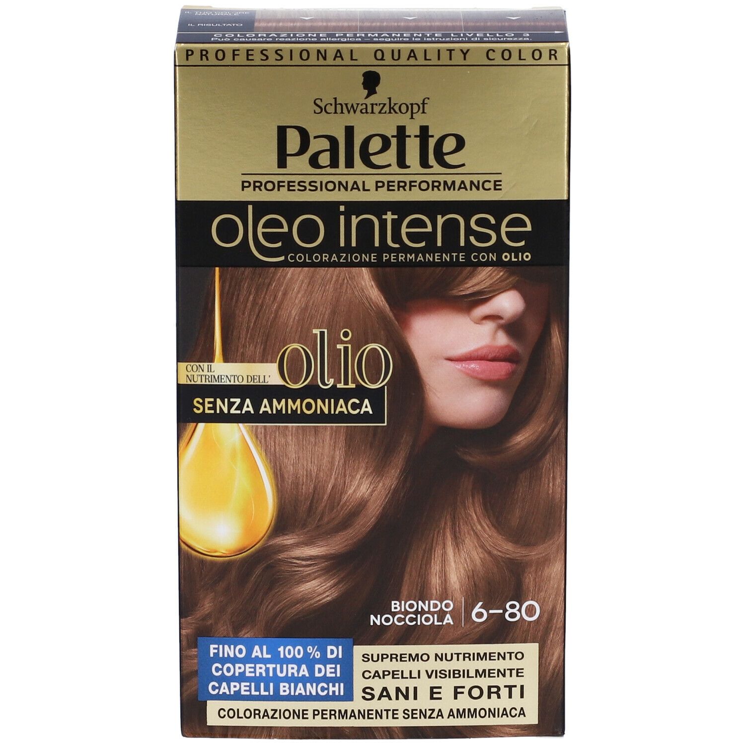 Confezione tinta per capelli Schwarzkopf Palette Oleo Intense 6-80 Biondo Nocciola. Con olio, senza ammoniaca. Copertura. Vista.