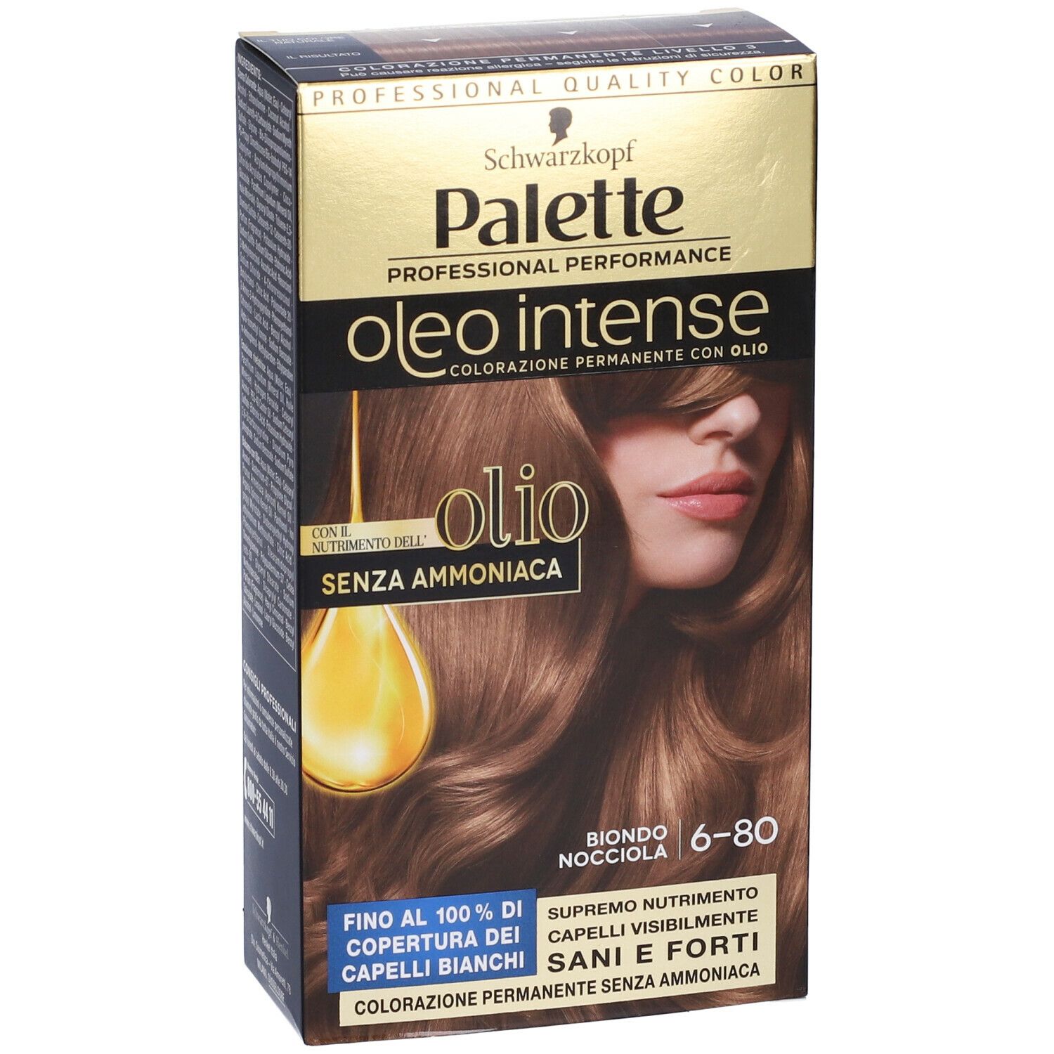 Confezione tinta per capelli Schwarzkopf Palette Oleo Intense 6-80 Biondo Nocciola. Con olio, senza ammoniaca. Copertura. Vista.