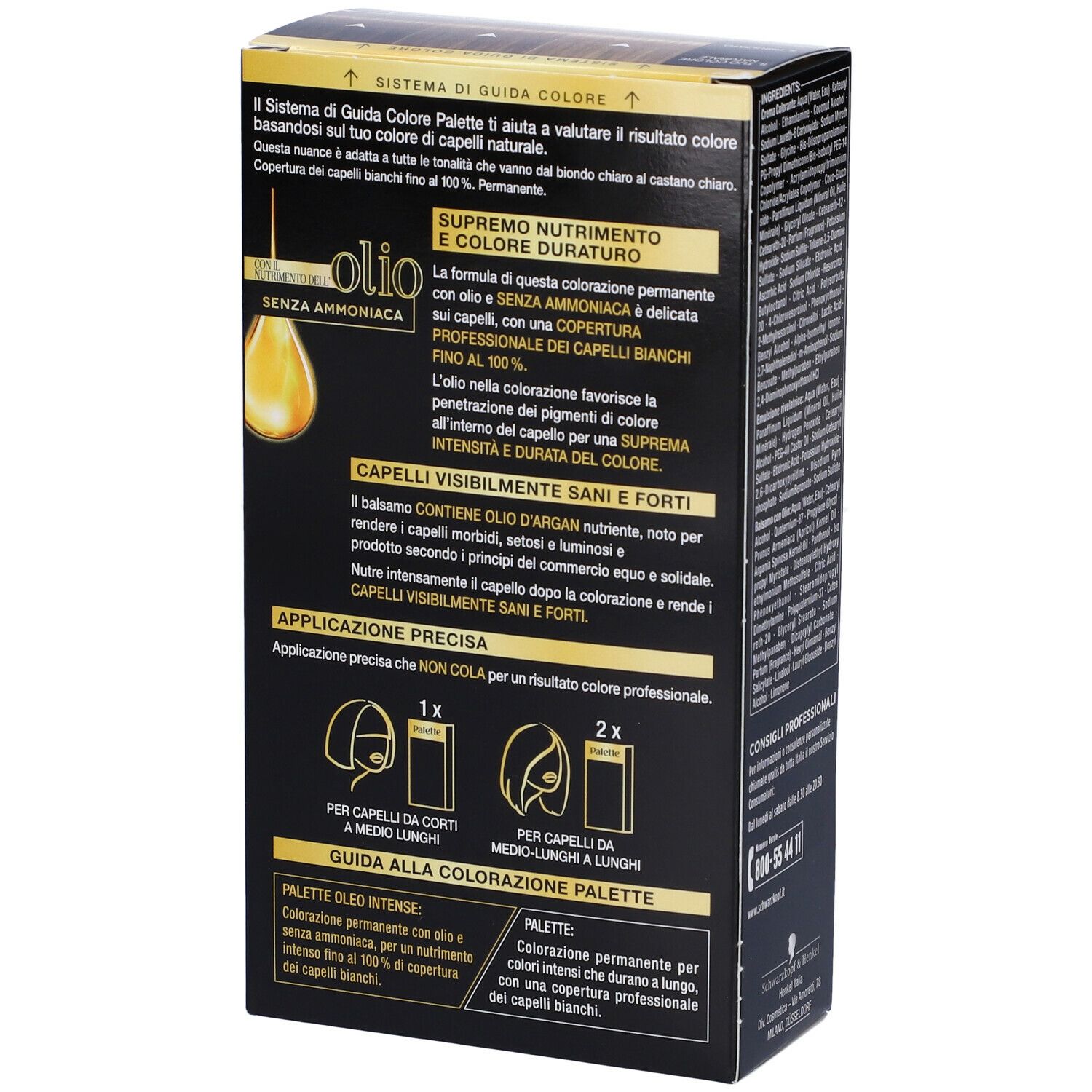 Schwarzkopf Palette Oleo Intense. Confezione, retro con istruzioni e testo.
