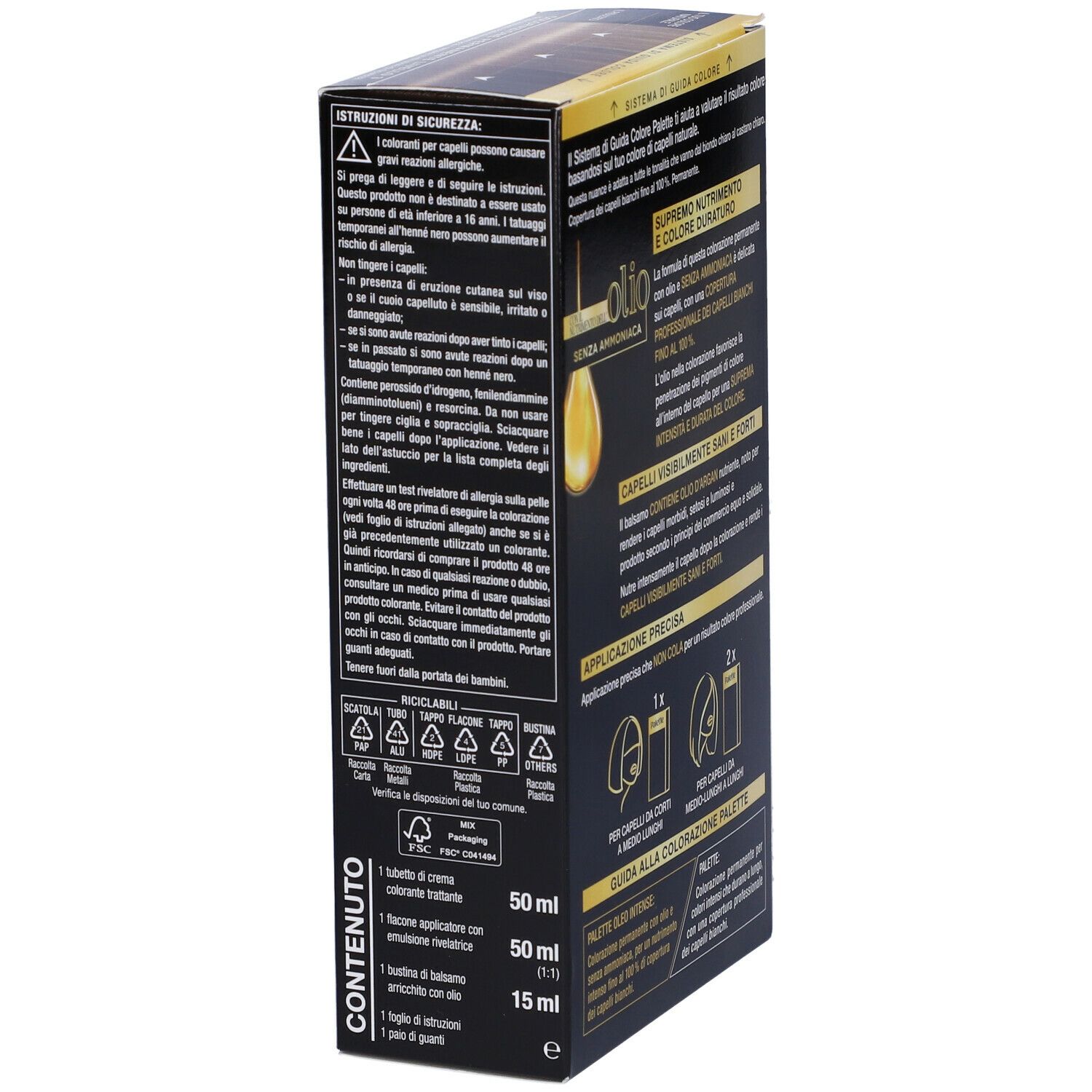 Schwarzkopf Palette Oleo Intense. Confezione, lato con avvertenze e contenuto.