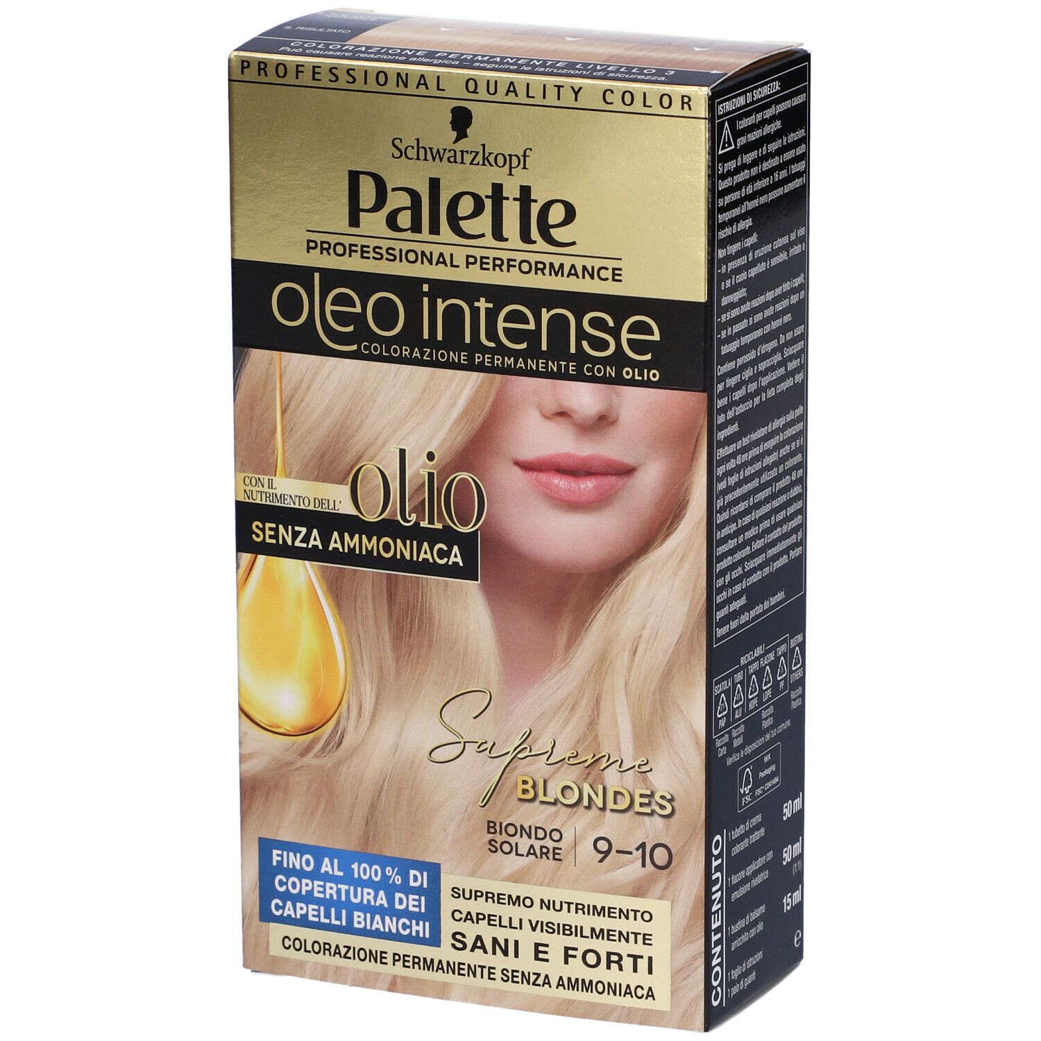 Schwarzkopf Palette Oleo Intense 9-10 Biondo Solare. Confezione di tinta, vista obliqua. Immagine del prodotto, modella e dettagli testuali.