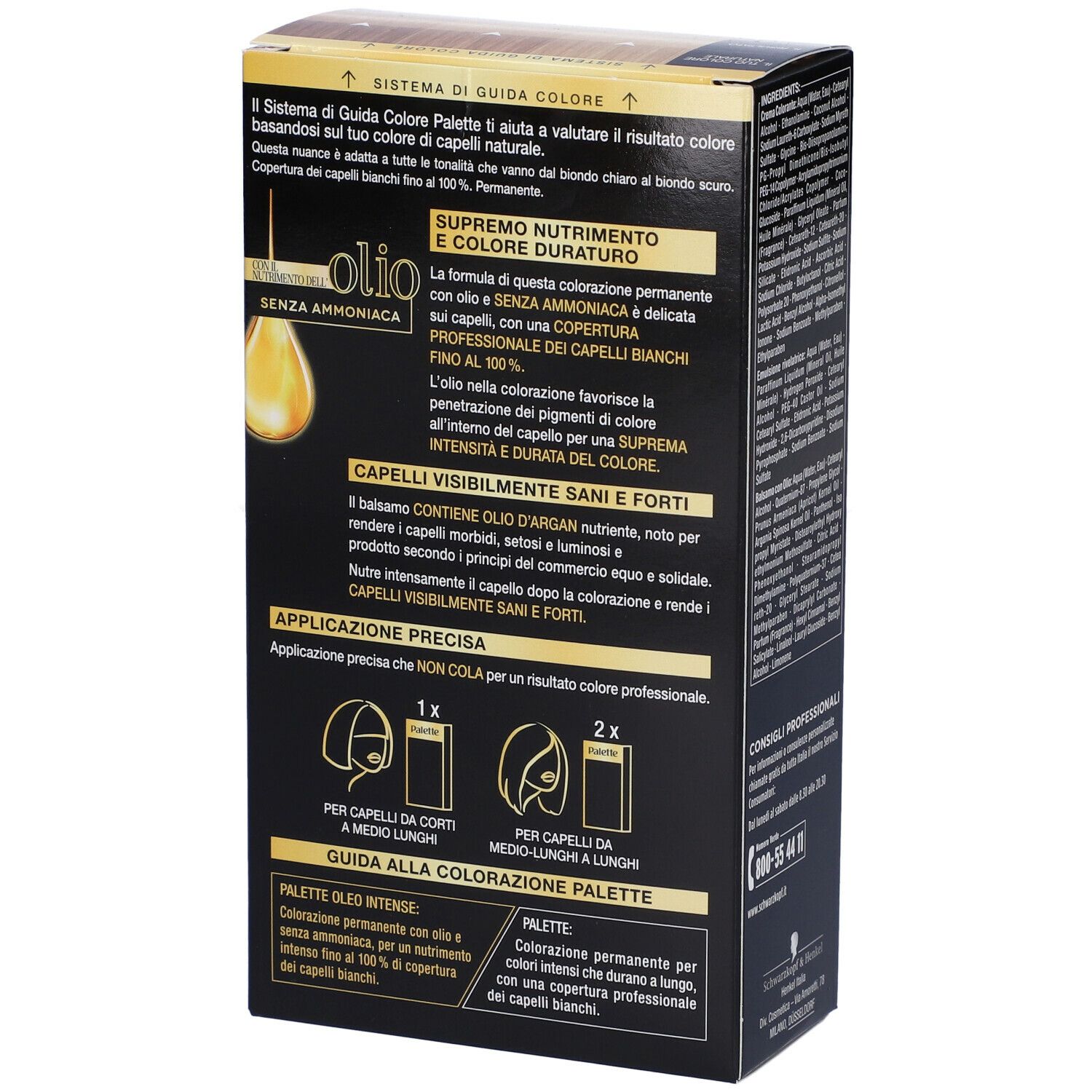 Schwarzkopf Palette Oleo Intense 9-10 Biondo Solare. Retro della confezione di tinta. Istruzioni per l'uso e risultati colore.