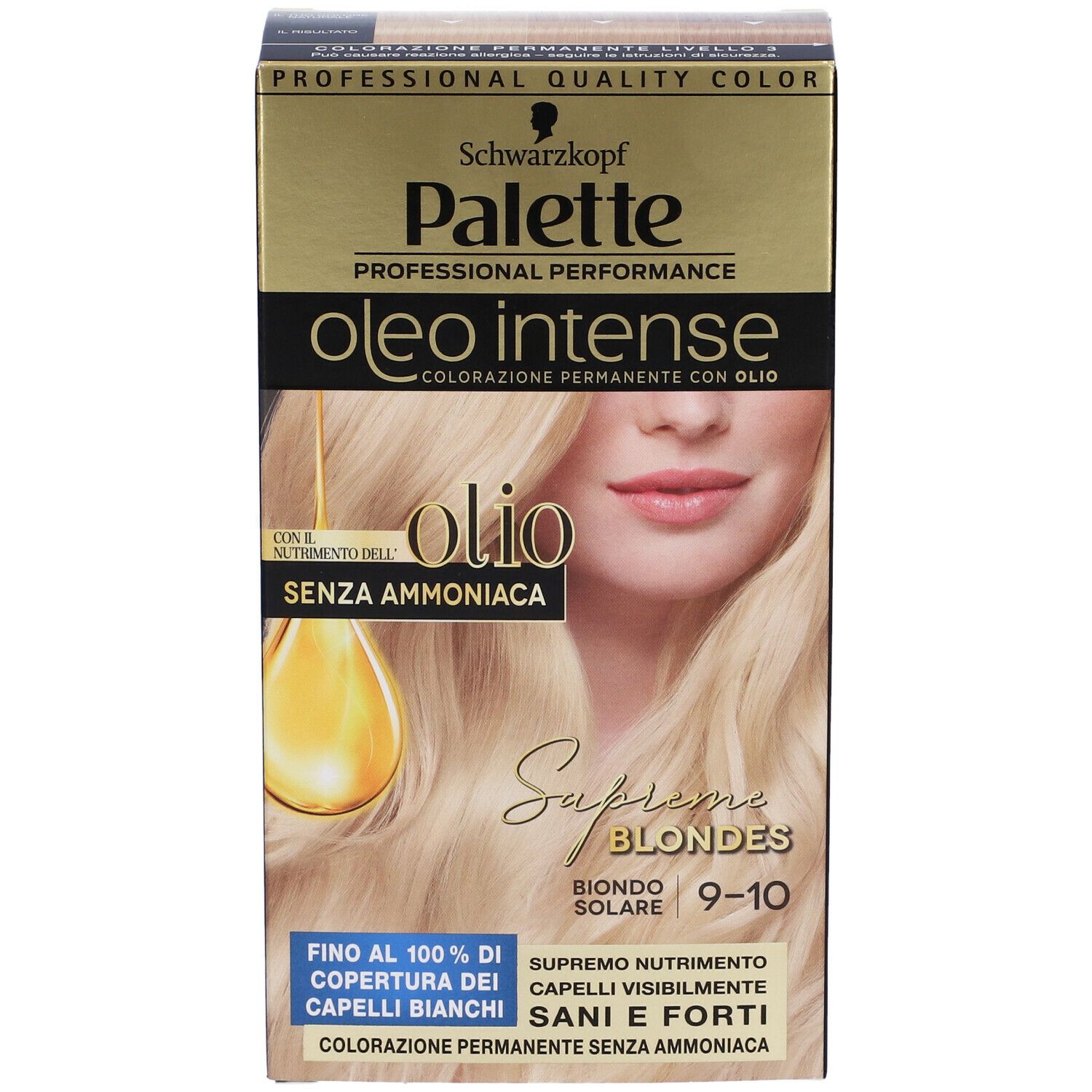 Schwarzkopf Palette Oleo Intense 9-10 Biondo Solare. Confezione di tinta, vista obliqua. Immagine del prodotto, modella e dettagli testuali.